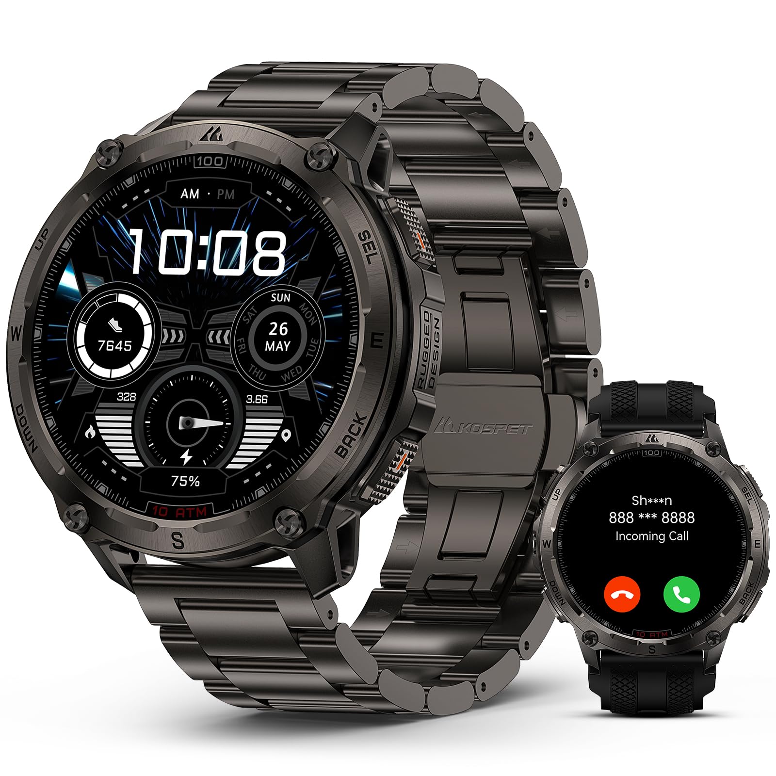 KOSPET Tank T4 Special Edition Smartwatch Herren, Dualband-GPS, 2 Armbänder | Karten offline, Edelstahl, 1,43" AMOLED Robuste Militär Watch, 10ATM, 180+ Sportmodi, Herzfrequenzmonitor für Android iOS