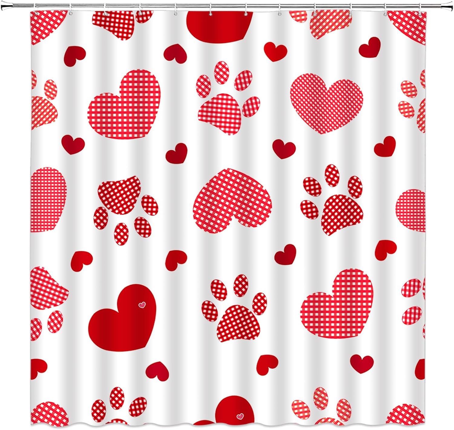 Valentine's Day Shower Curtain Cute Pink Red Heart Buffalo Plaid Sweet Love Romantic Polka Dots Claw Marks 70" Wx84 H Fabric Bathroom Decor Curtain with Hooks