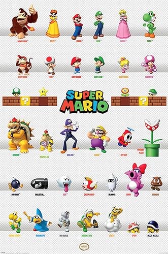 Super Mario - Póster de videojuegos (Desfile de personajes - todos los personajes) (tamaño 24 x 36 pulgadas)