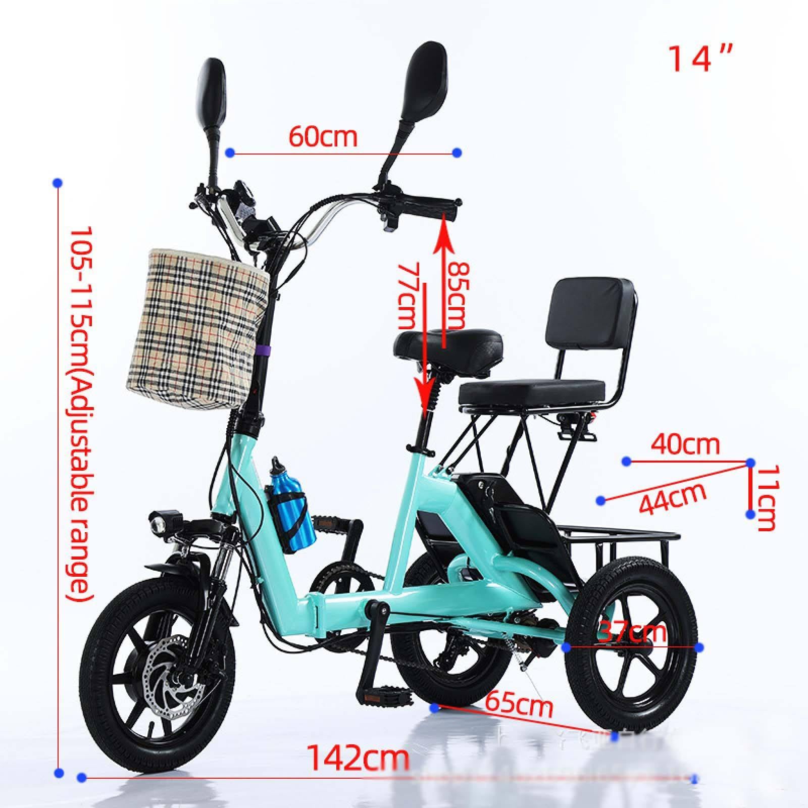 Triciclo elettrico per adulti, robusto, pieghevole, a 3 ruote con sedile passeggero, ampio cestino, capacità di carico di 180 kg, ideale per la spesa e i viaggi.
