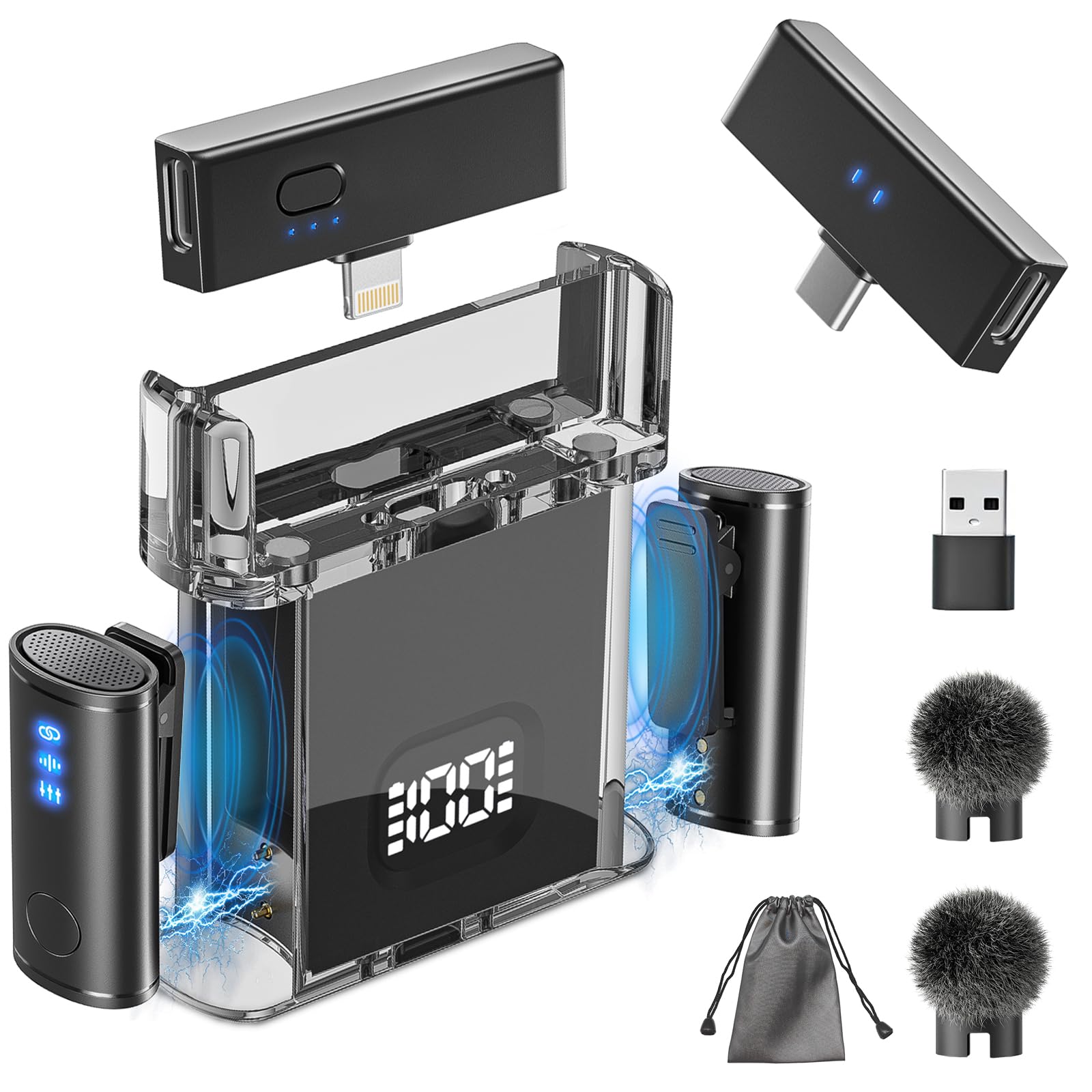 Yoobao Wireless Lavalier Microphone for iPhone (2 TX+2 RX+Charging Case), USB C Mini Mics for iPhone 15 14 13, Android, PC, Volume Control, Noise Reduction, 30H Battery, Lapel Mic for Video Recording