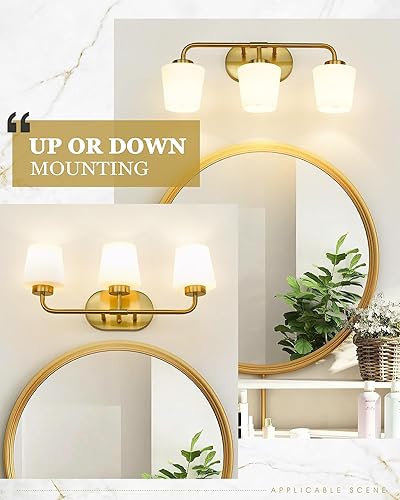 Miniatura 6 de AD-22004-3W-GD - Lámpara de tocador de baño de oro cepillado, apliques de latón de granja con vidrio blanco leche, lámpara de baño de 3 luces sobre