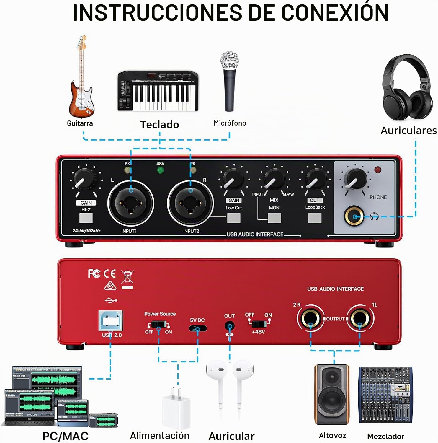 EBXYA USB Audio Interface 24-Bit/192 kHz USB Sound Card Interface with MIC/XLR/Line Inputs, High Fidelity Mic Preamps for Recording Streaming Podcasting(Rojo)