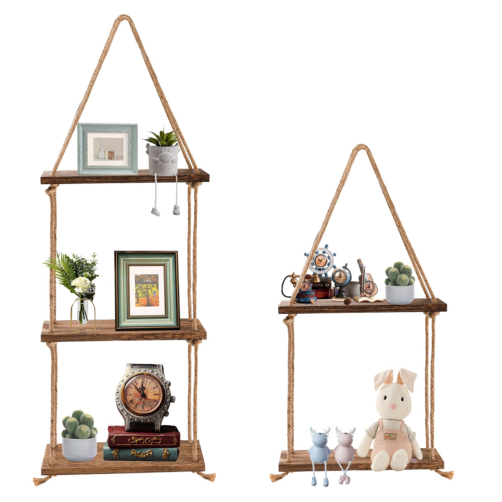 ZOOFOX Set of 2 Wood Hanging Shelf, 2 Tier and 3 Tier Jute Rope Wall Hanging Floating Shelf - Image 3