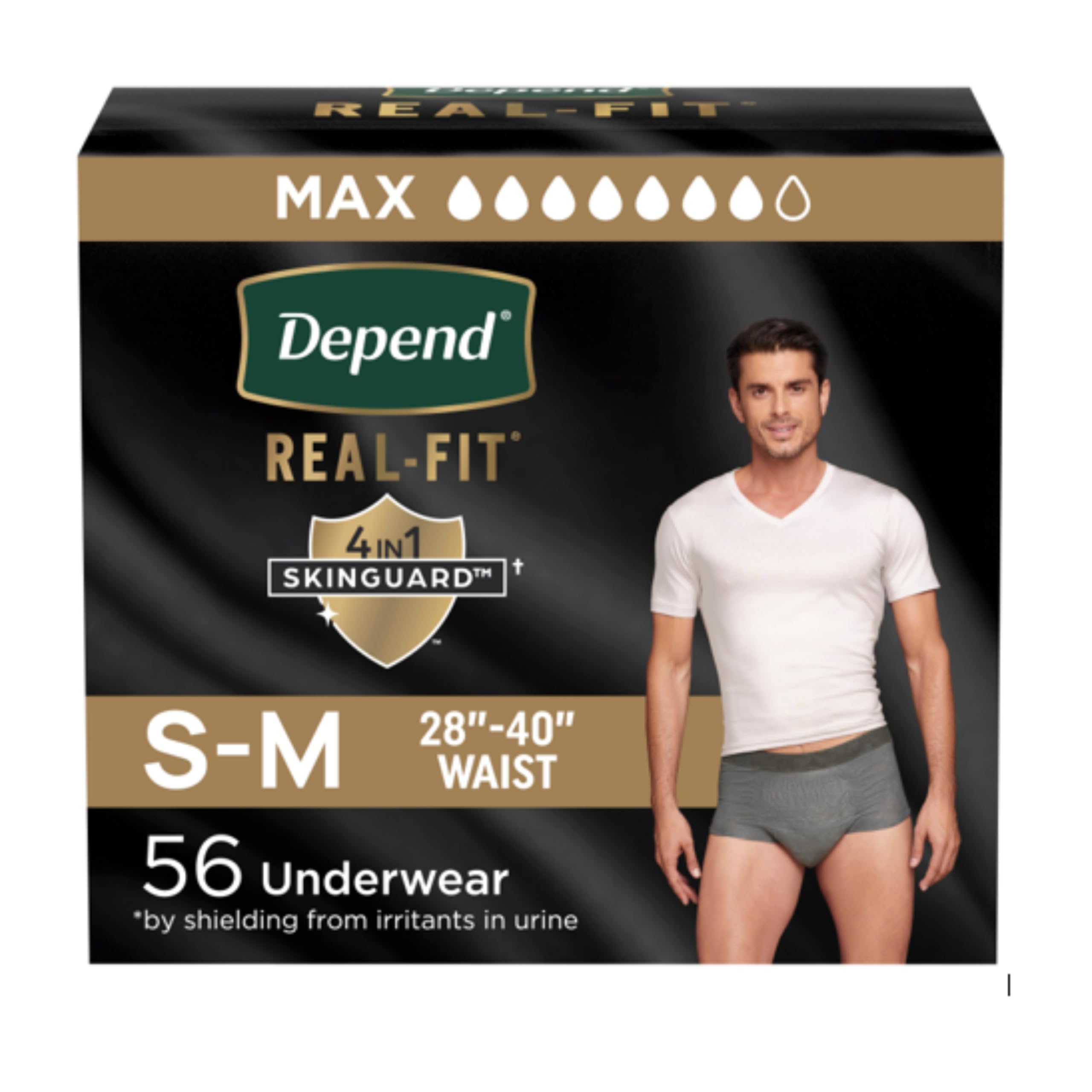 DependDepend Real Fit Adult Diapers, Incontinence Underwear for Men, Disposable, Maximum Absorbency, Small/Medium, Grey, 56 Count (2 Packs of 28), Packaging May Vary