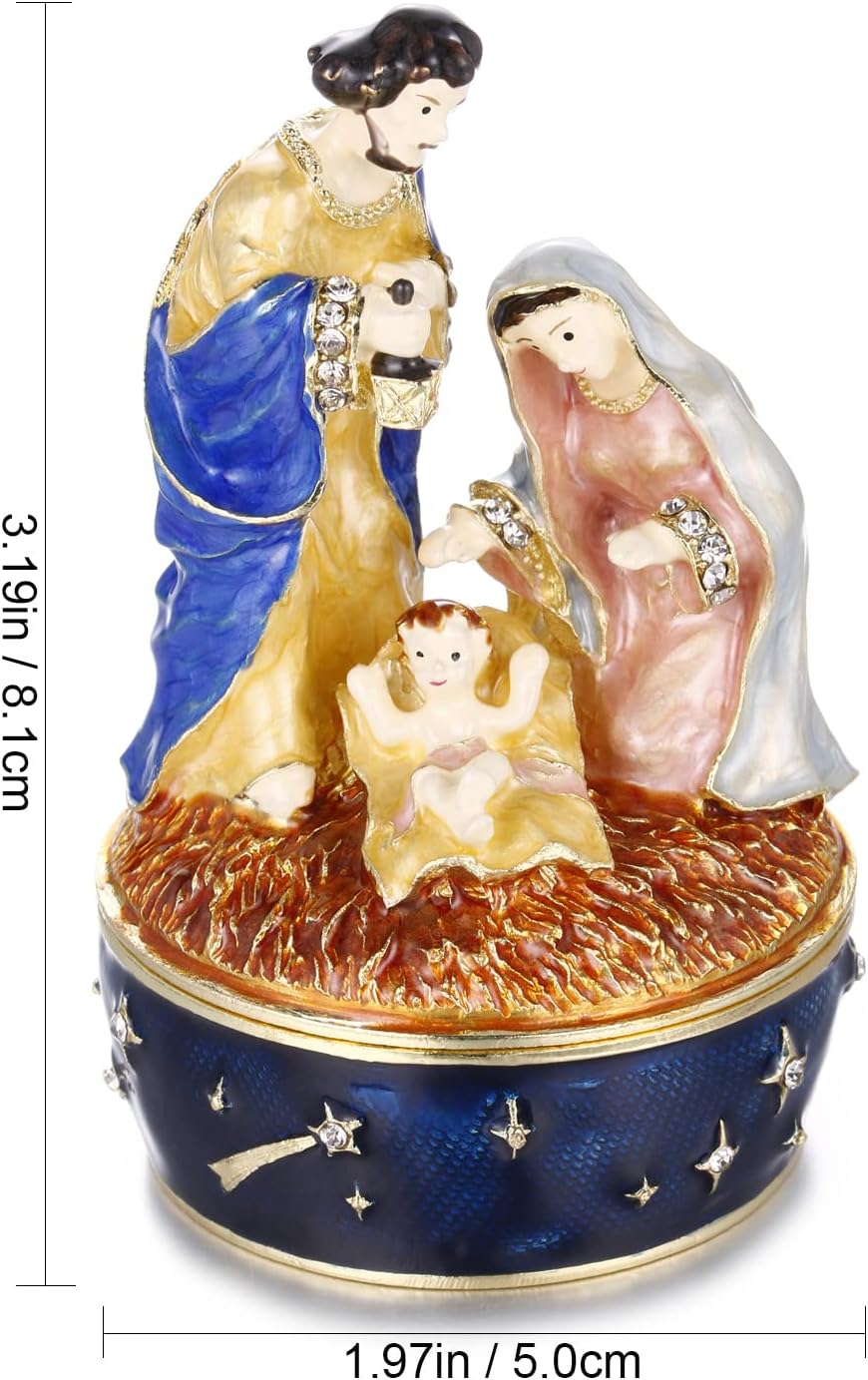 Hand Painted Enamel Christmas Holy Family Trinket Box, Hinged Jewelry Organizer Storage, Unique Home Decor Keepsake Collectible Figurine, Personalized Decoration Ornament Gifts (Blue Holy Family)