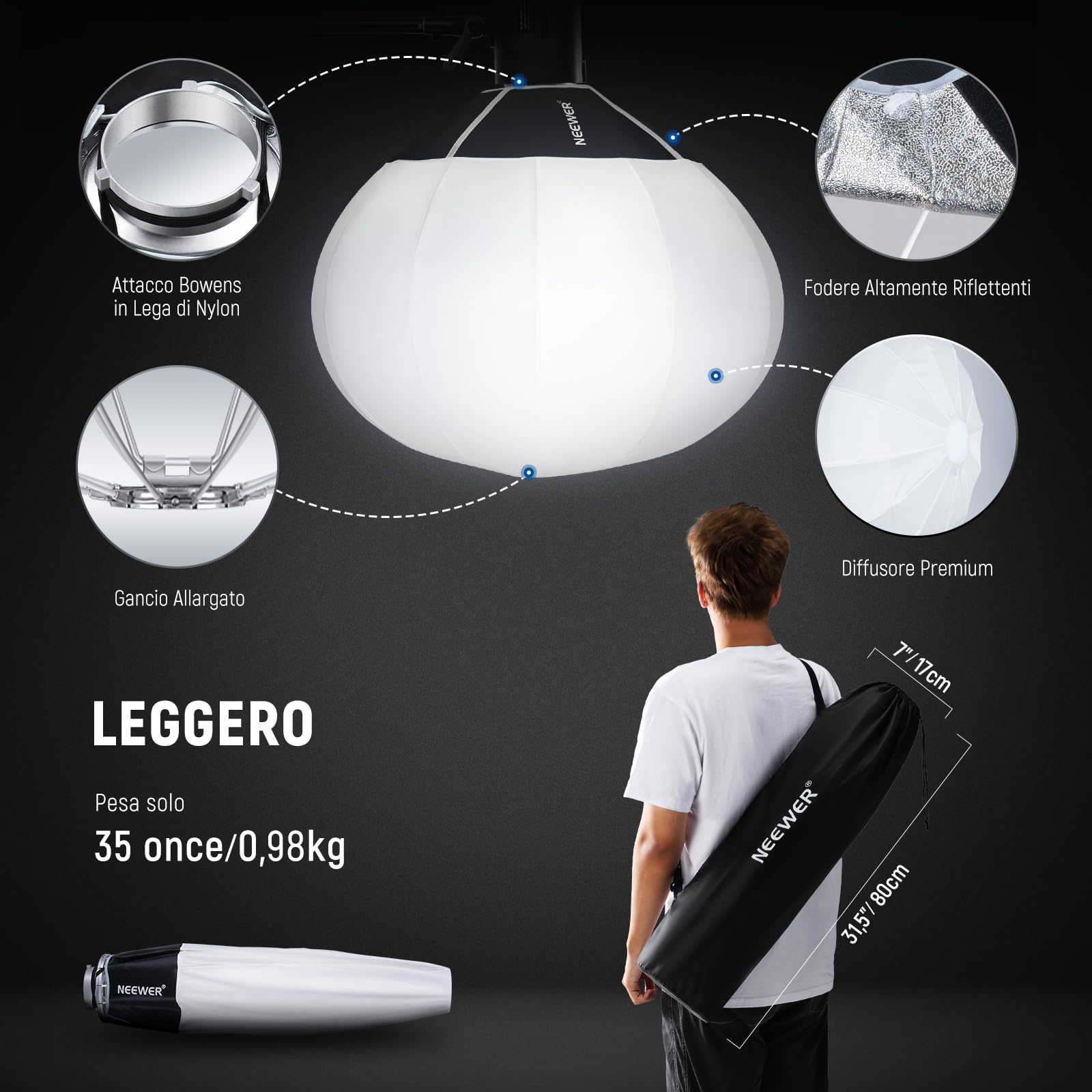 NEEWER BASICS Softbox Lanterna, 65cm Soft Box Bowens a Sgancio Rapido in Lega di Nylon Diffusore di Luce 360° per Illuminazione Continua LED, per Fotografia Studio Registrazione Video Streaming,NS15L