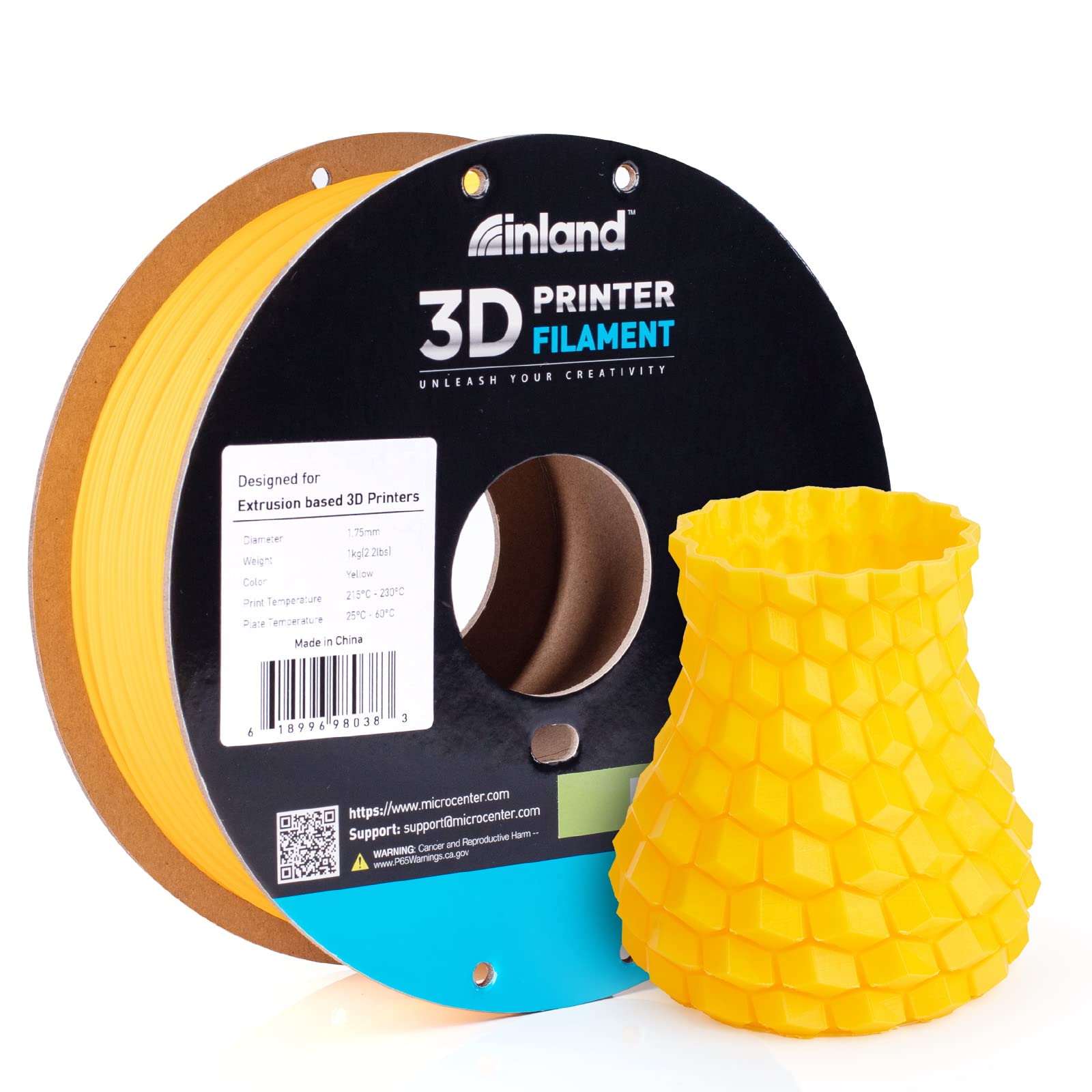 INLAND PLA Filament 1.75mm - Yellow PLA 3D Printer Filament, Dimensional Accuracy +/- 0.03mm - 1kg Cardboard Spool (2.2 lbs) – FDM 3D Printing