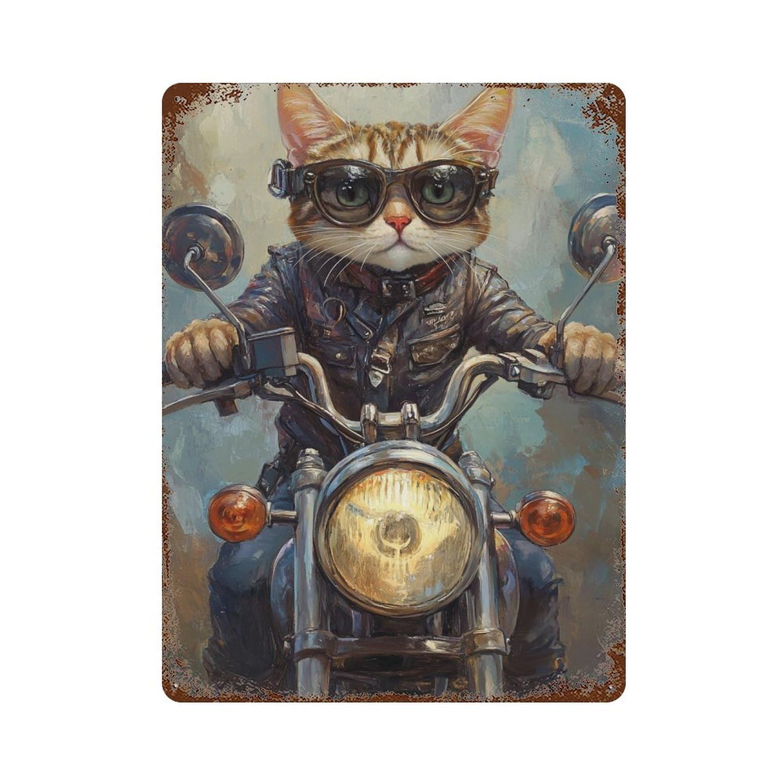 Rider Cat Biker Style -2 Retro Metal Sign 15.7"x11.8", Vintage Wall Decor for Bistro, Counter And Cafe Decor
