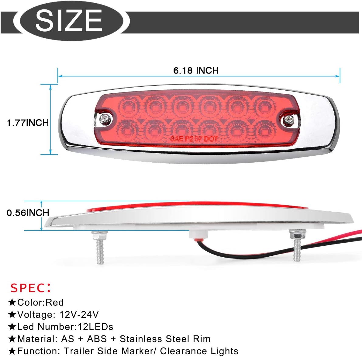 YITAMOTOR Trailer Side Marker Lights, 2 x Red Trailer Clearance Lights with Stainless Steel Trim, Surface Mount 12-SMD-LED Sealed Side Marker Lights