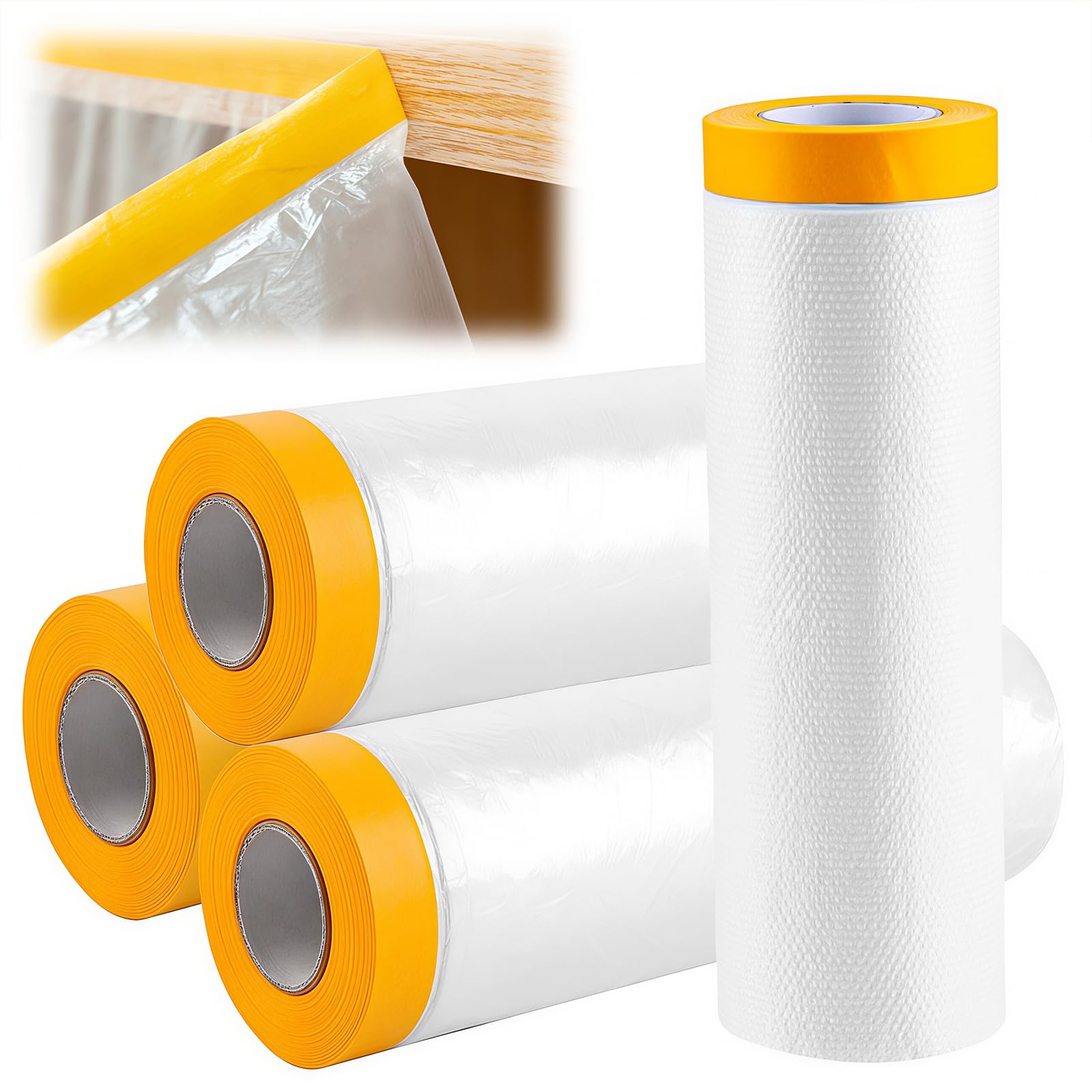 Kokoie 4 Rolls Pre-Taped Masking Film, 200 CM x 20 m Masking Film Rolls with Self-Adhesive Tape, Tape and Drape for House Renovation Wall Car and Floor Covering