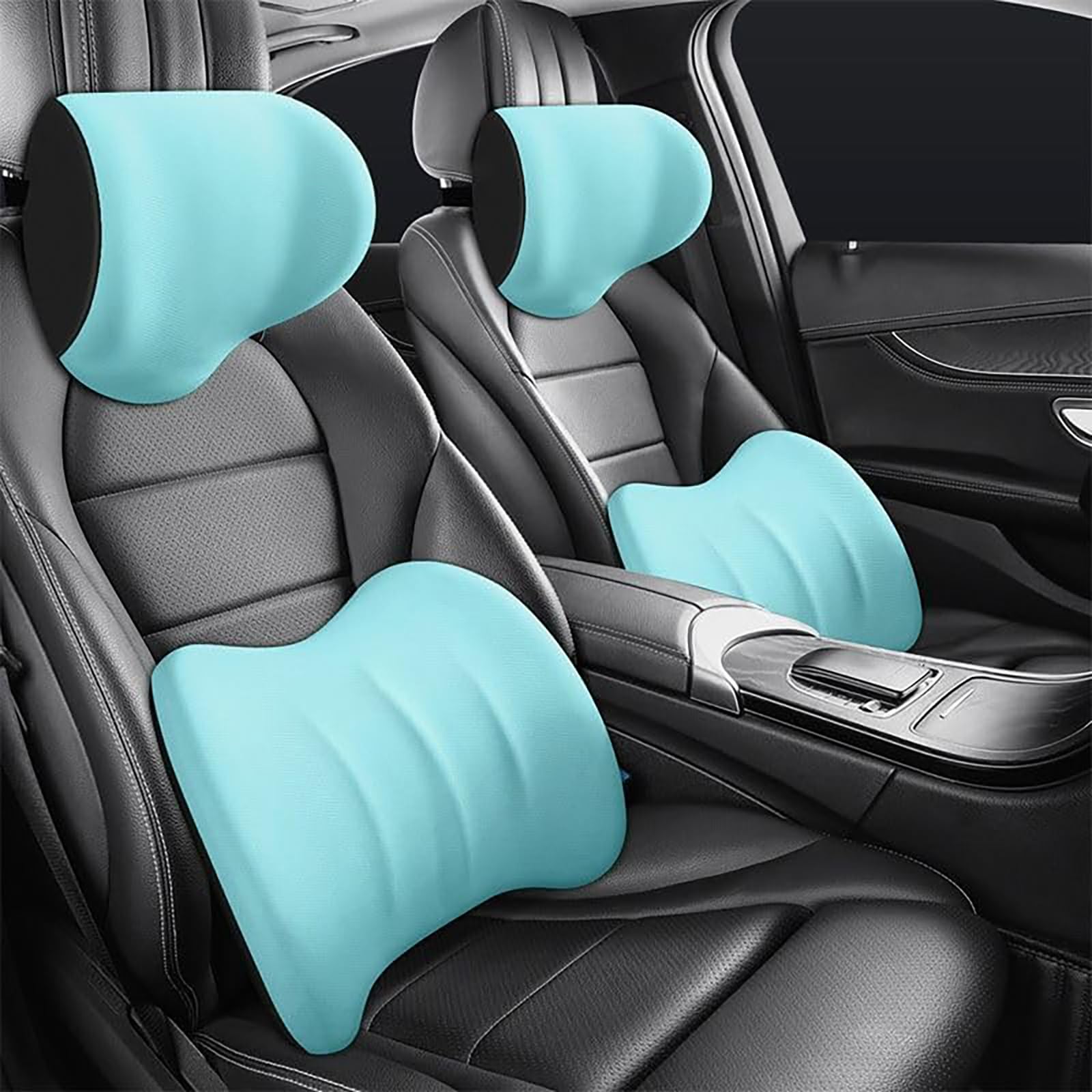 Ergonomische Kopfstütze und Lendenkissen für Autositze Für Audi Q4 Sportback e-tron SUV, Memory Foam Auto Nackenkissen Kopfstütze zum Fahren mit Atmungsaktiver Abnehmbarer Abdeckung, C/Blue