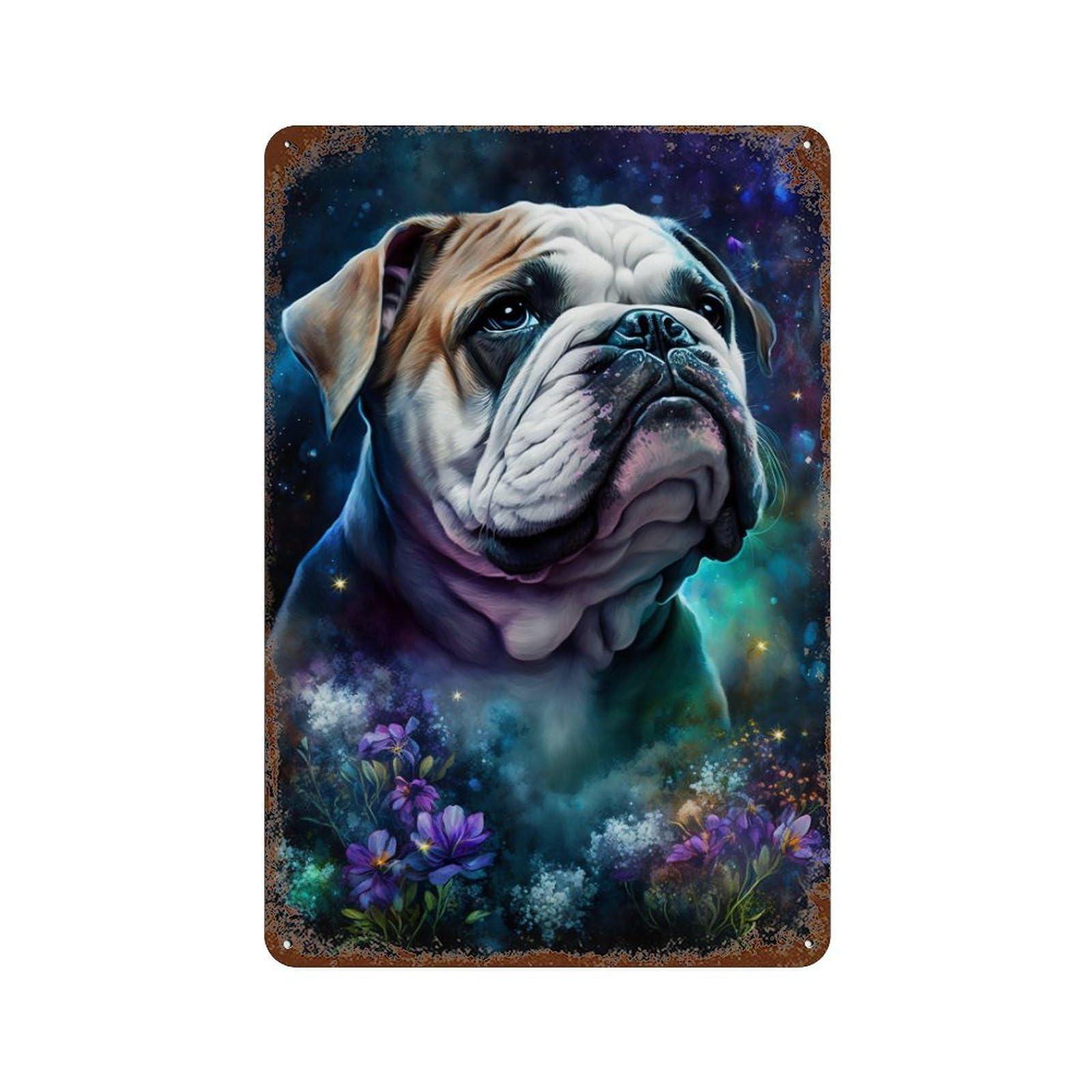 Rustic Tin Plaque Fantasy Bulldog with Flowers -1 11.8"x7.9", Vintage Wall Decor for Pub, Kitchen And Man Cave Decor