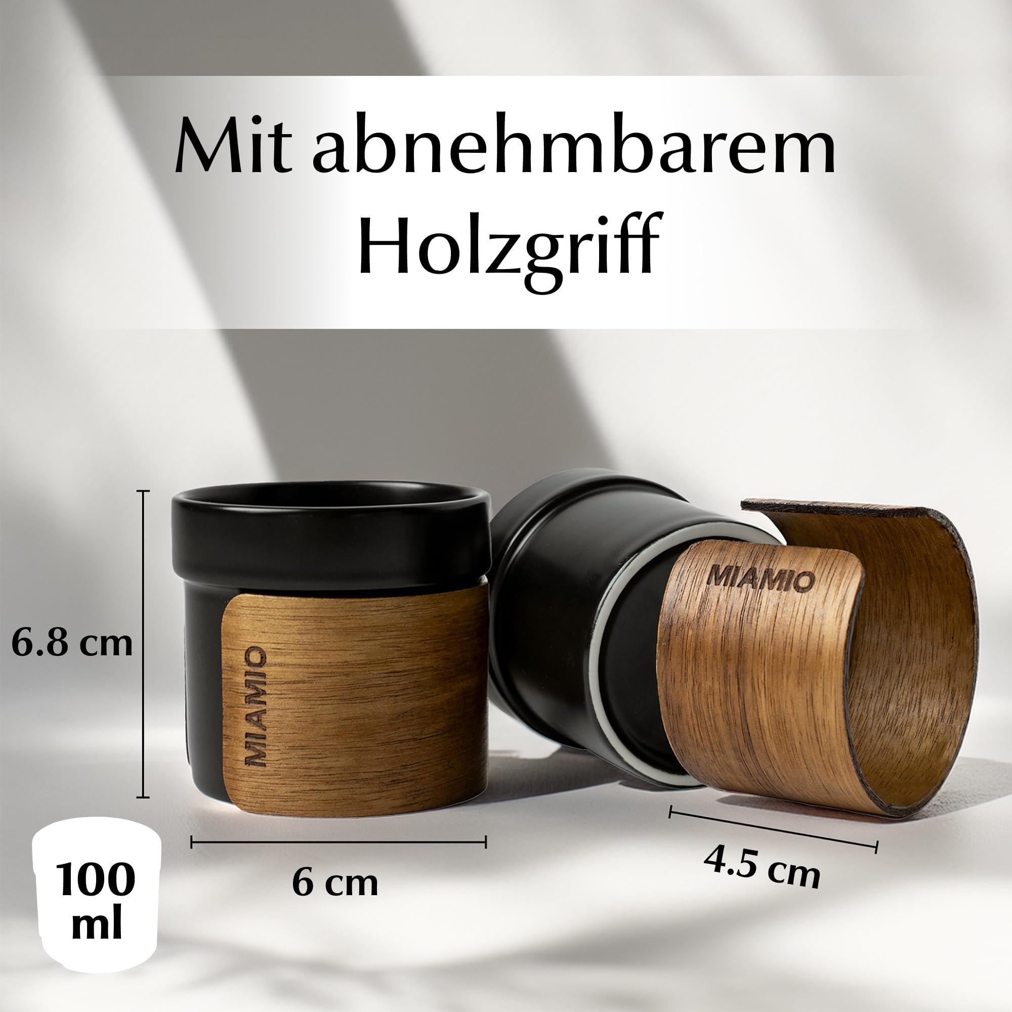 MIAMIO - Keramik Espressotassen/Espressobecher ohne Henkel (100ml)(Schwarz) | Kaffeebecher Keramik ohne Henkel, 4er Set Keramik Espressotassen / Tassen Set für Kaffee, Tee und Matcha mit Holzmanschette