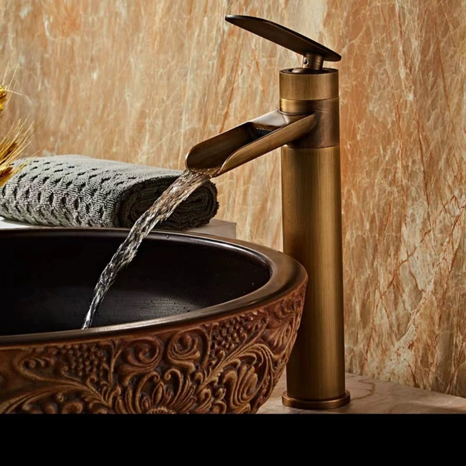 Fanjubei Imitating Ancient Styles Waterfall, Copper, Hot And Cold Bathroom, Rotating Basin Faucet, Antique-Style High Faucet