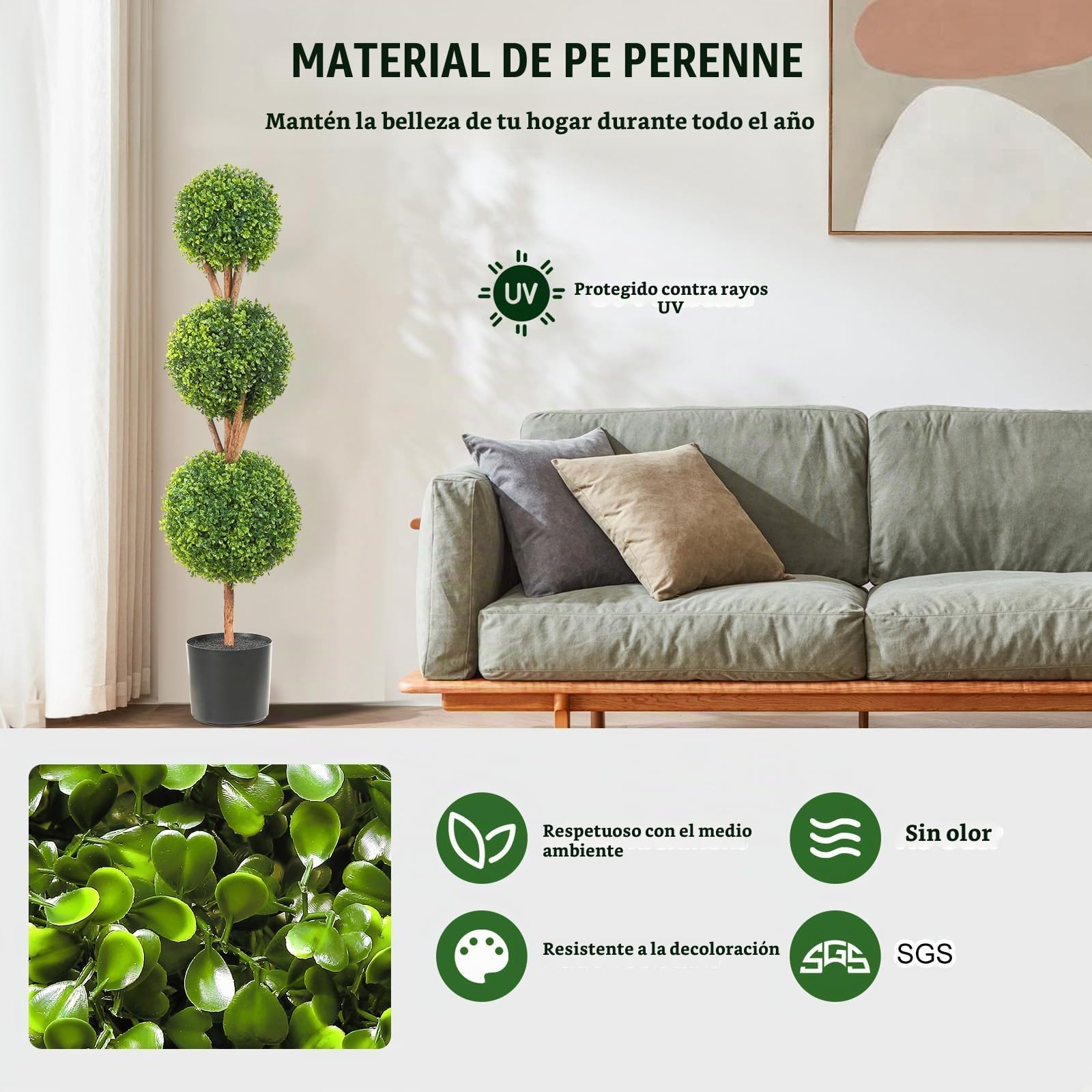 VEVOR Topiario de Boj Artificial 122 cm Bola de Boj Artificial al Aire Libre 2 Plantas Artificiales 10 Hojas Reemplazables 2 Luces LED sin Batería para Decoración del Hogar Jardín Patio Balcón Entrada