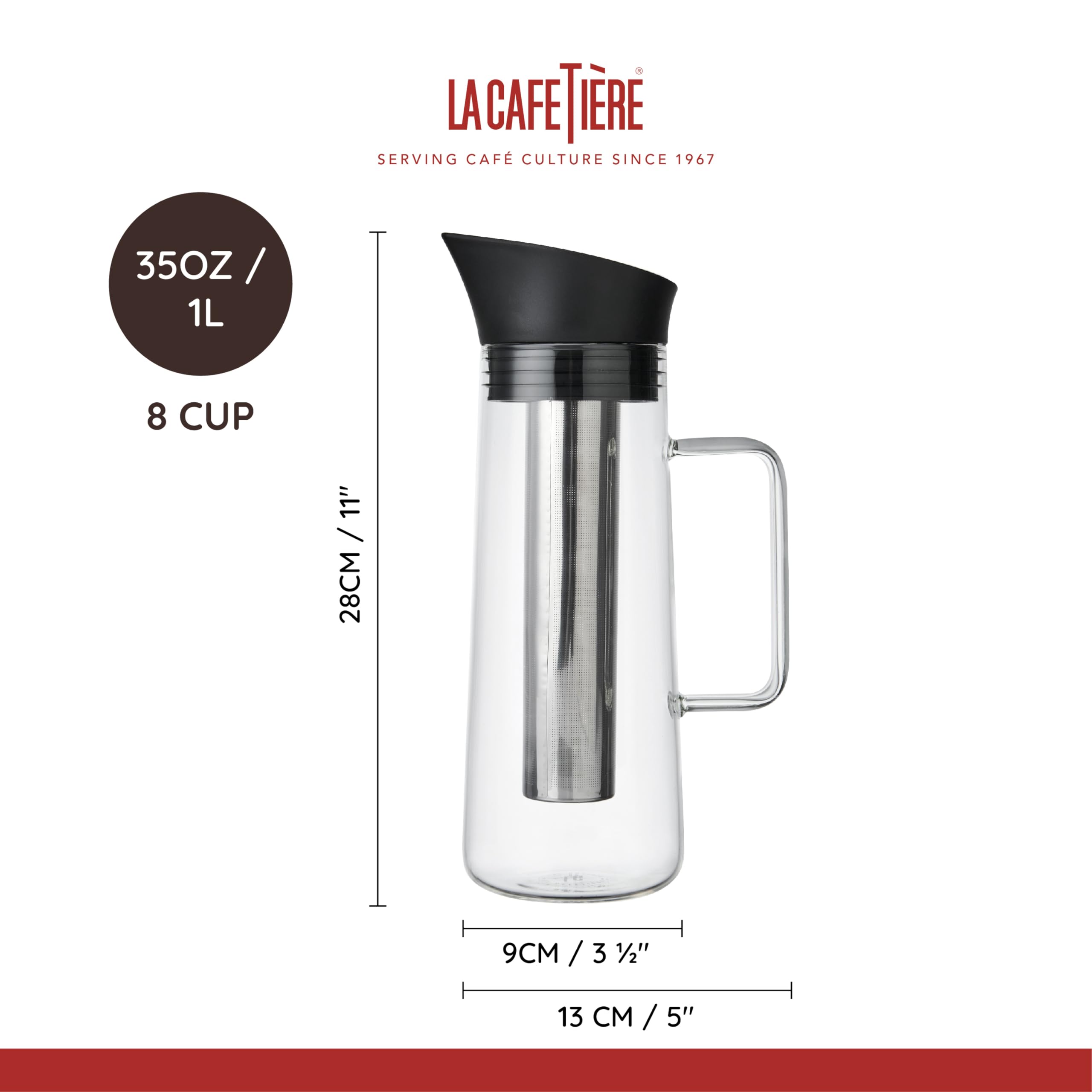 La Cafetière Kaffeebereiter zum Kaltbrühen, mit Netzfilter, spülmaschinenfest, Krugdeckel mit Ausgießer, Getränkebehälter für hochwertigen Eiskaffee, Eistee, hausgemachte Fruchtgetränke, 1 l