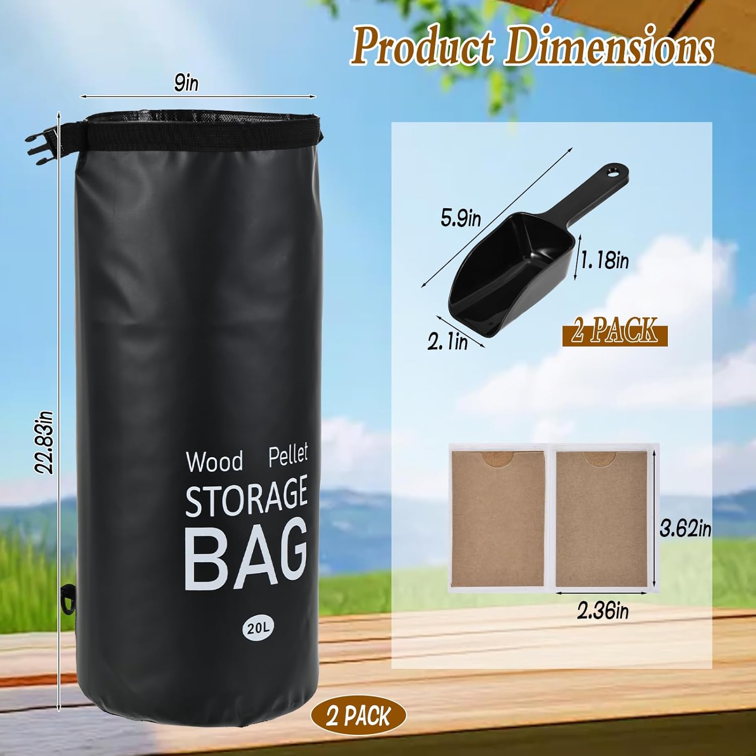 2 Pack 20 LB Wood Pellet Storage Bag with Scoops and Labels, Waterproof PVC Storage Container Grill Accessories for Pellets, Charcoal, Wood Chips