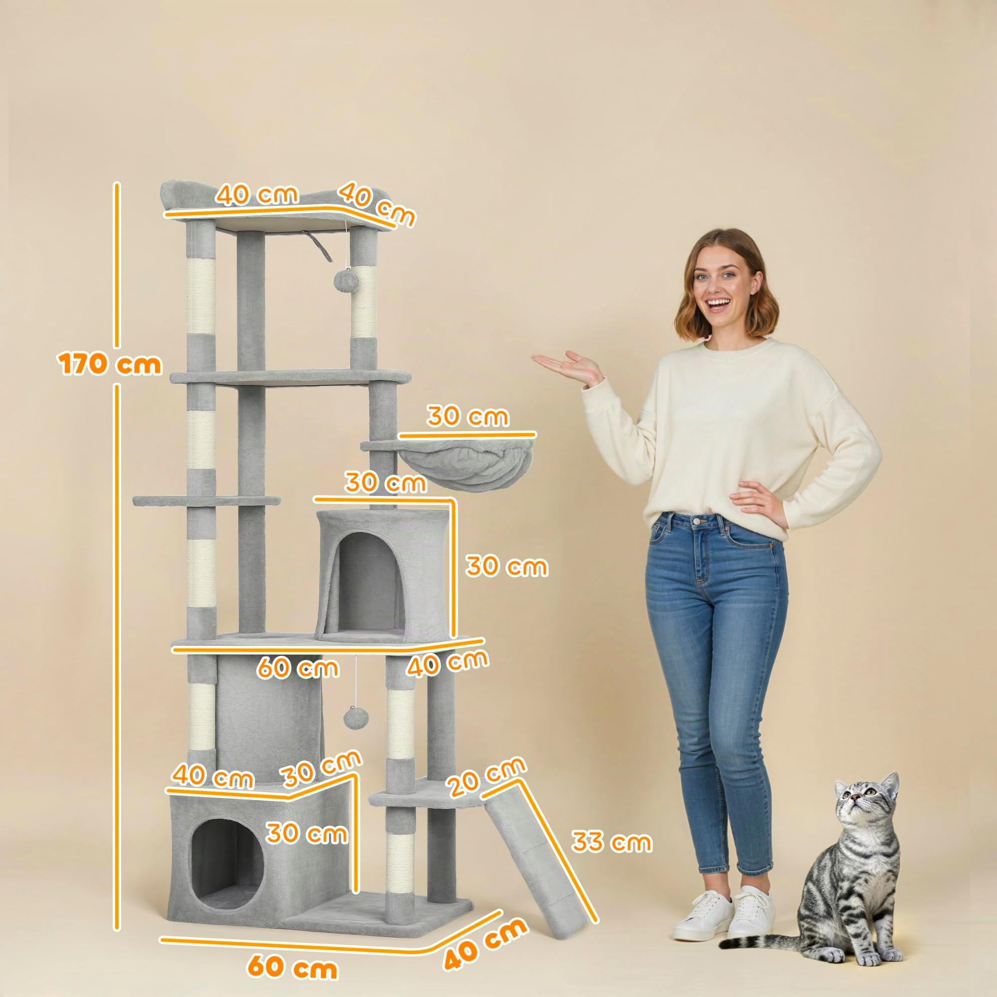 PawHut Árbol Rascador para Gatos Grande Torre de Escalada 170 cm Gris Claro | Árbol para Gatos, 7 Postes, 1 Túnel, 3 Plataformas, 2 Cuevas, 1 Hamaca, 1 Percha, 1 Rampa, Pompones