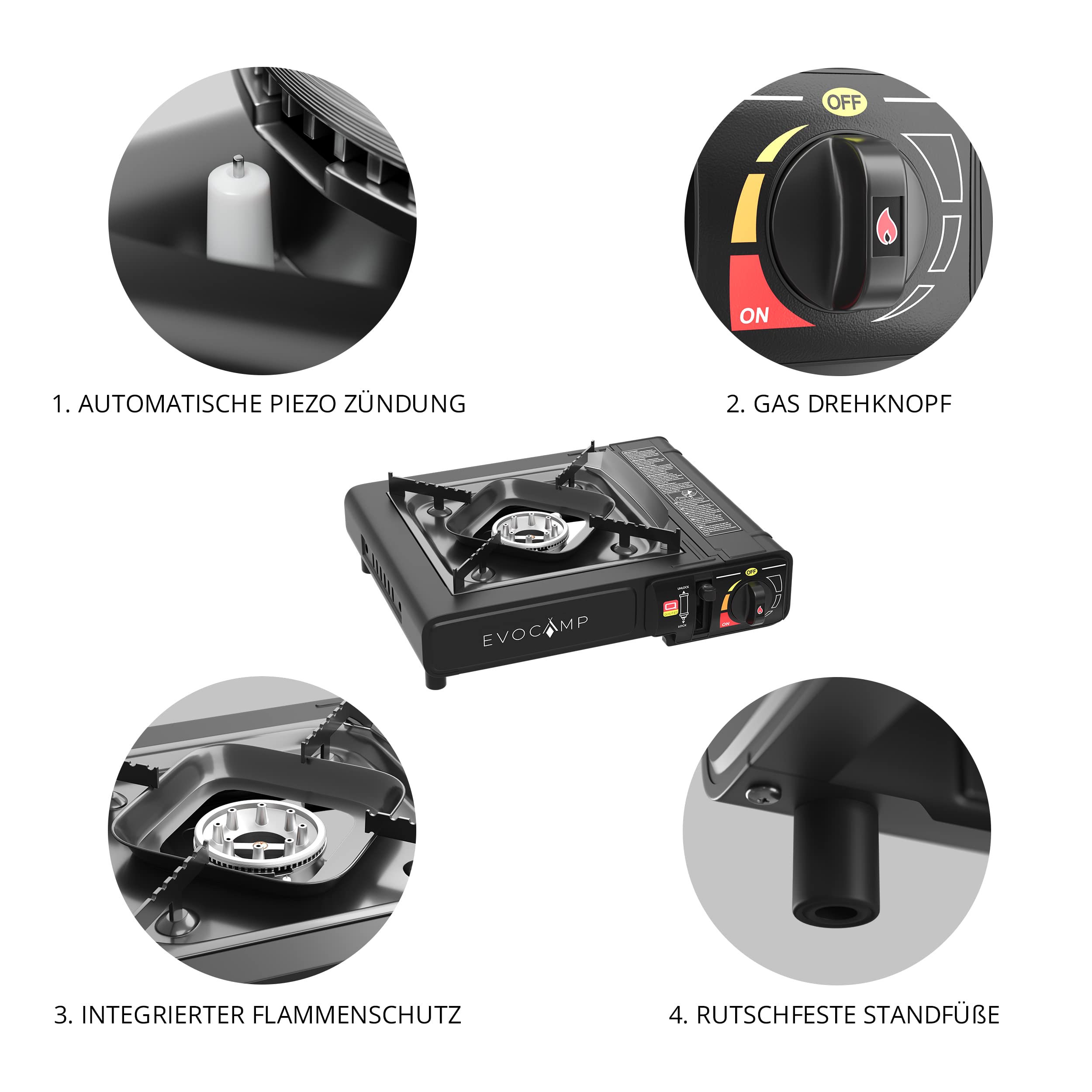 Gaskocher 1-flammig und Grillplatte BBQ eckig 38 cm, Campingkocher für Gaskartuschen MSF-1a 227g, Camping Herd mit Tragekoffer - Ideal für Outdoor-Aktivitäten wie Camping oder Wandern