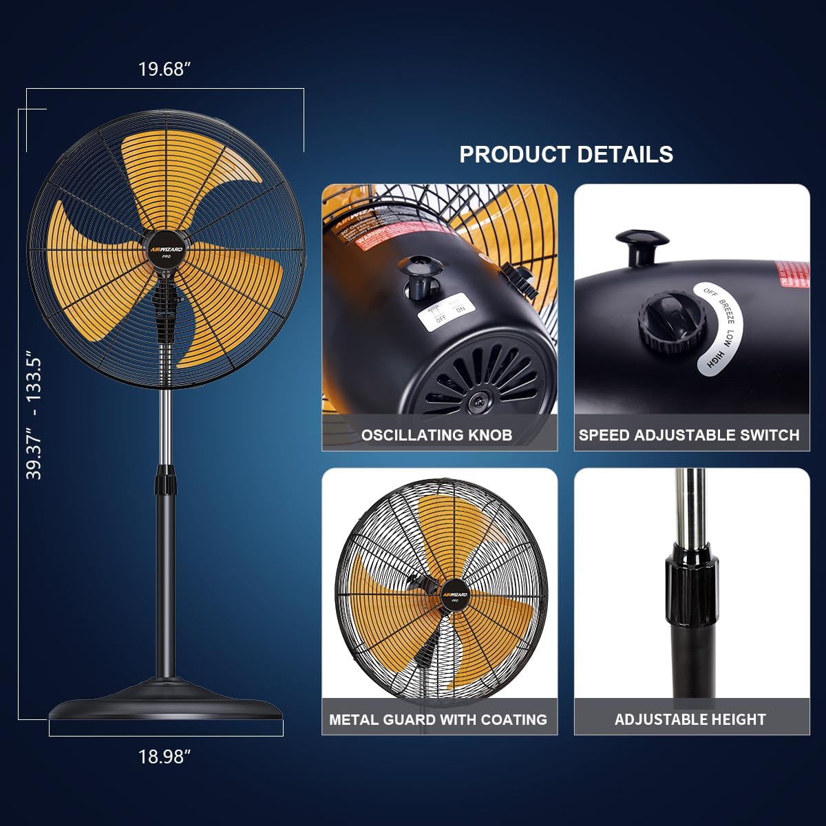 Pro Series 18 inch Oscillating High Velocity Pedestal Fan, 5400 CFM Industrial Metal Commercial Standing Fan with Aluminum Blades, 3 Speeds, Adjustable Height and Tilt, for Garage, Shop