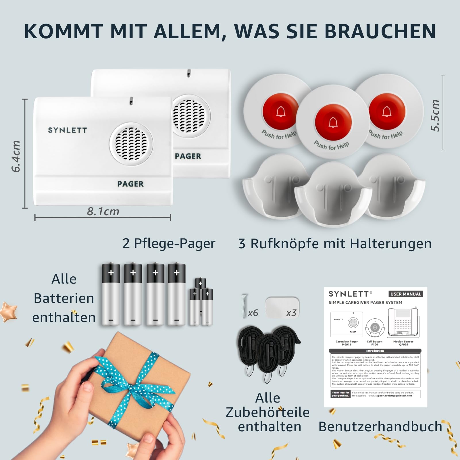Pflege Pager Set mit 3 Rufknöpfen und 2 Pagern Kabelloses Senioren Notrufsystem für Zuhause Klinik Altenpflege und betreutes Wohnen