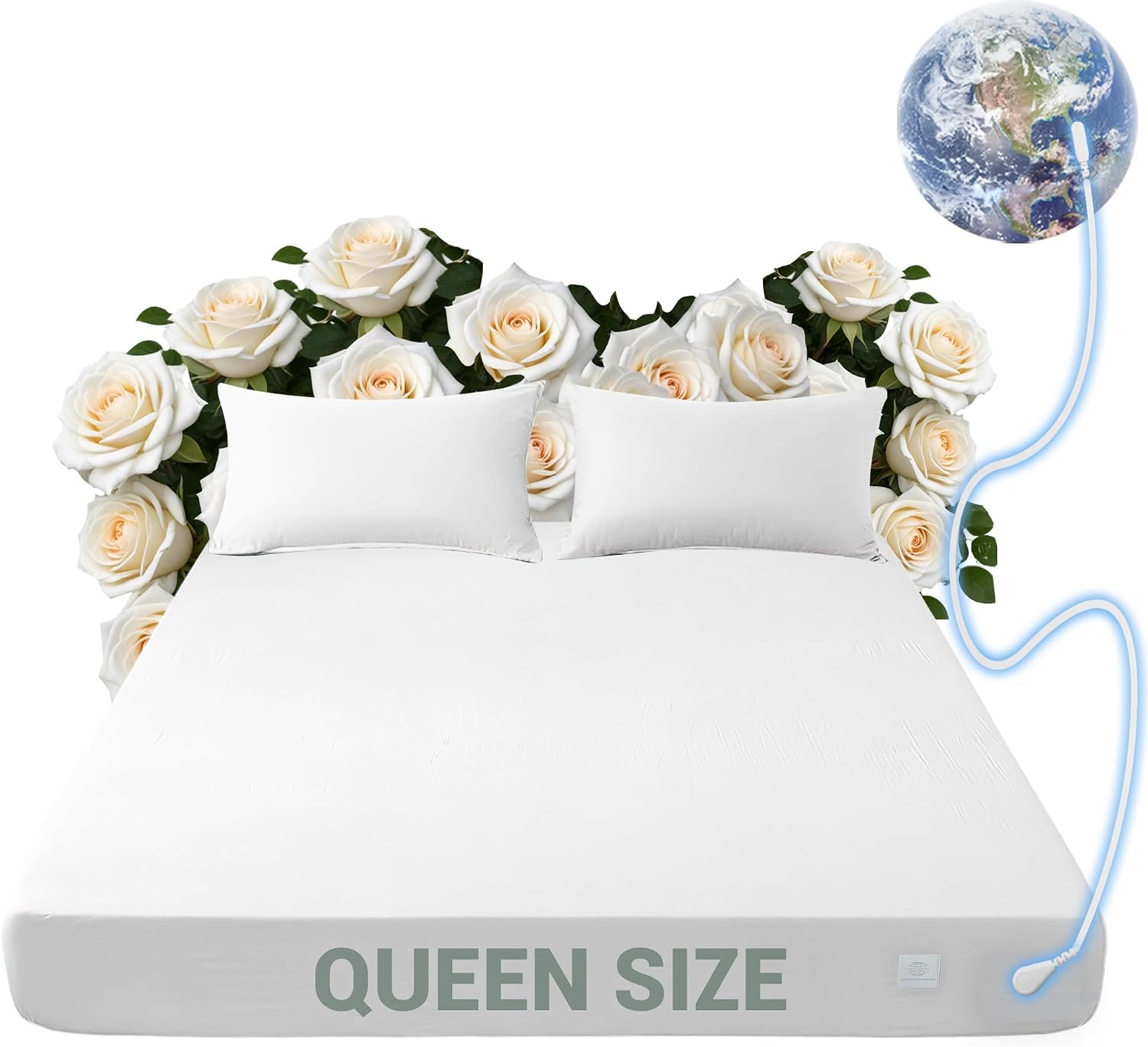 Grounding Sheets Queen, 90% Organic Cotton +10% Silver Fiber, Grounding Sheets Can Improve Sleep and Sub-Health, Anti-Static Grounding Fitted Sheet with 15 ft Gounding Wire(White,60"x80"x13")