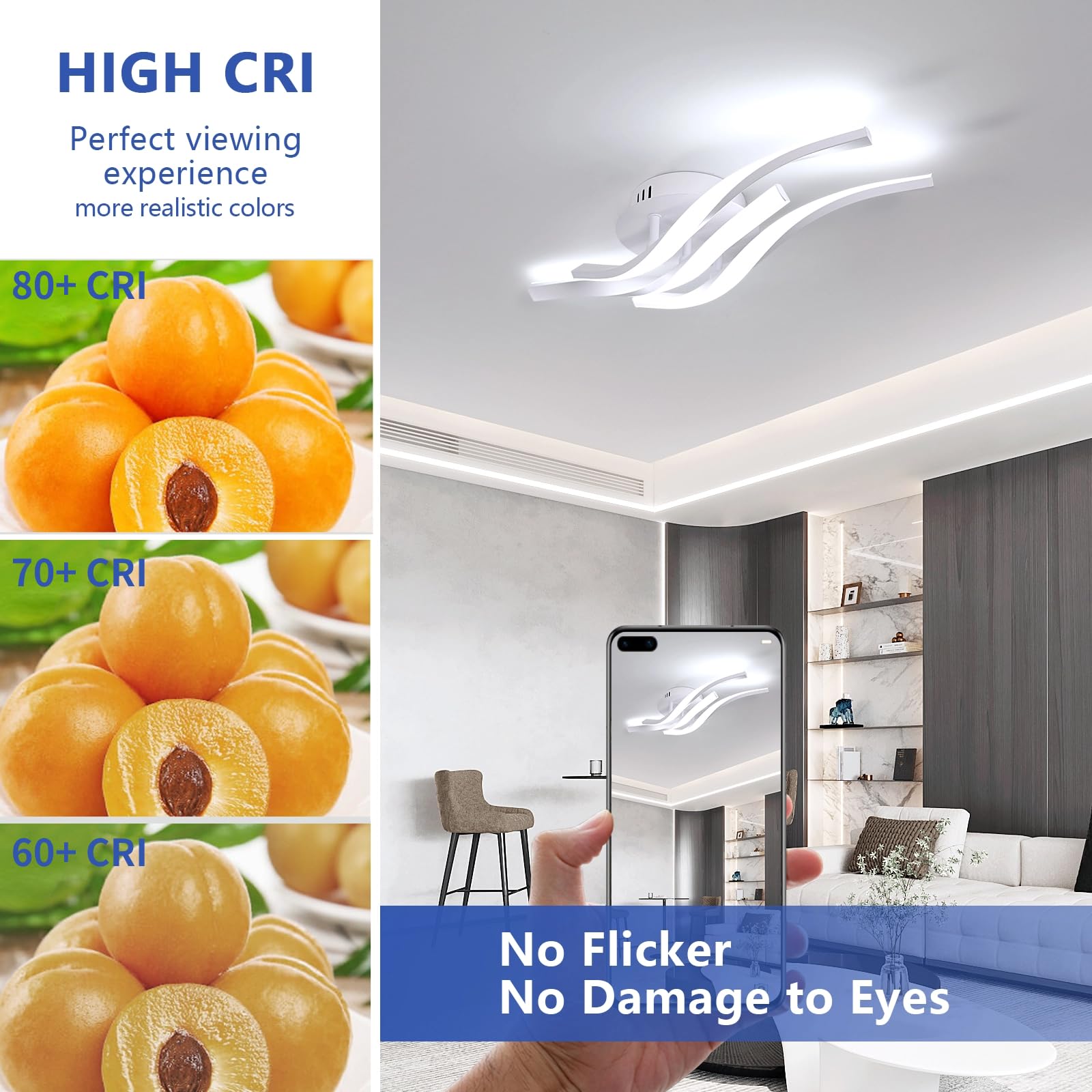 Comely Plafoniera LED Soffitto, 24W 2700LM Alluminio Lampadario Moderna con 3 Luci Curve, Luci a LED per Soggiorno, Cucina, Corridoio,Camera da Letto Luce Bianca Fredda 6500K, Lunghezza 52cm