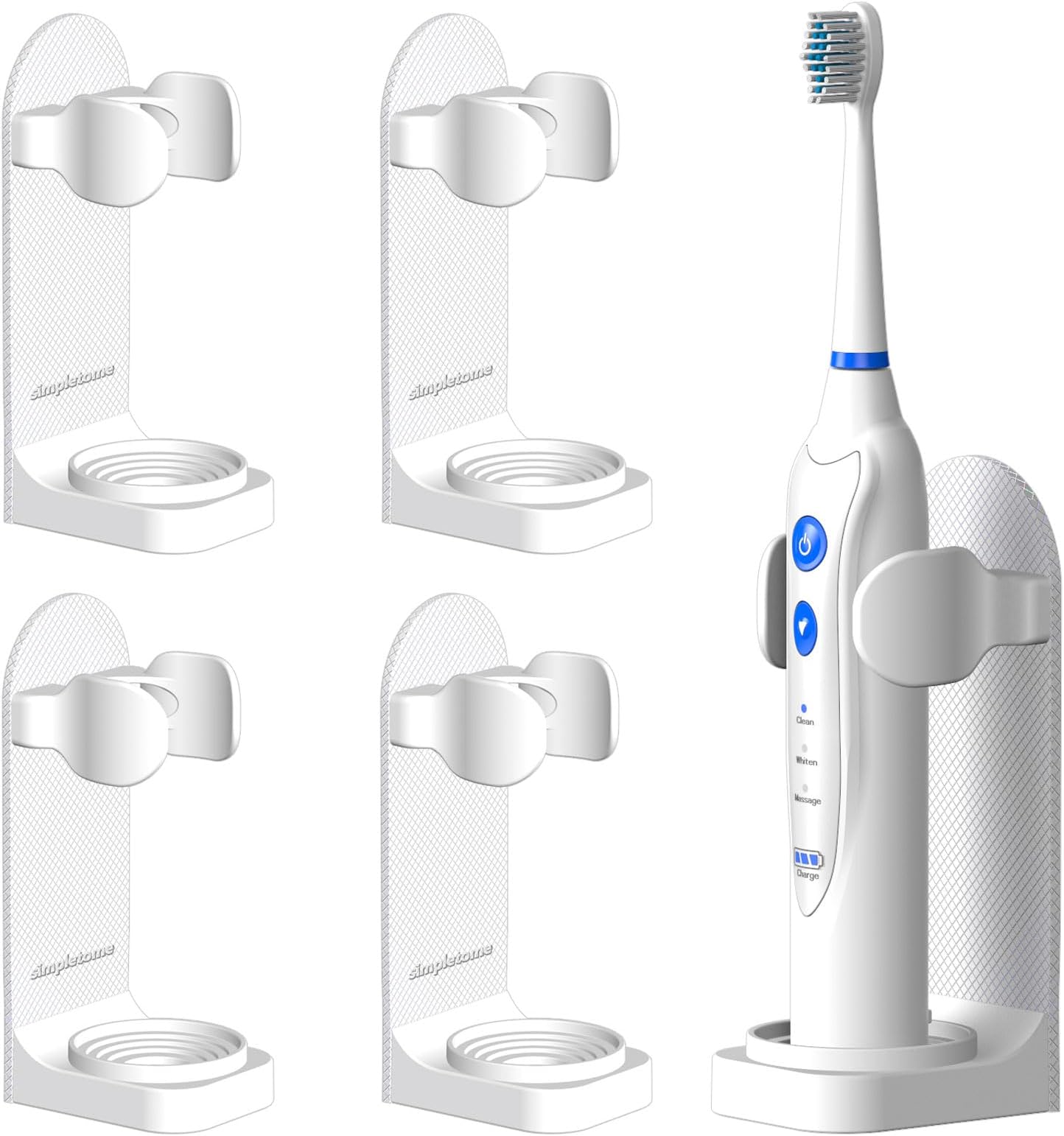 simpletome Adhesive Electric Toothbrush Holder Wall Mounted Adjustable Toothpaste Organizer 4 Pack (White)