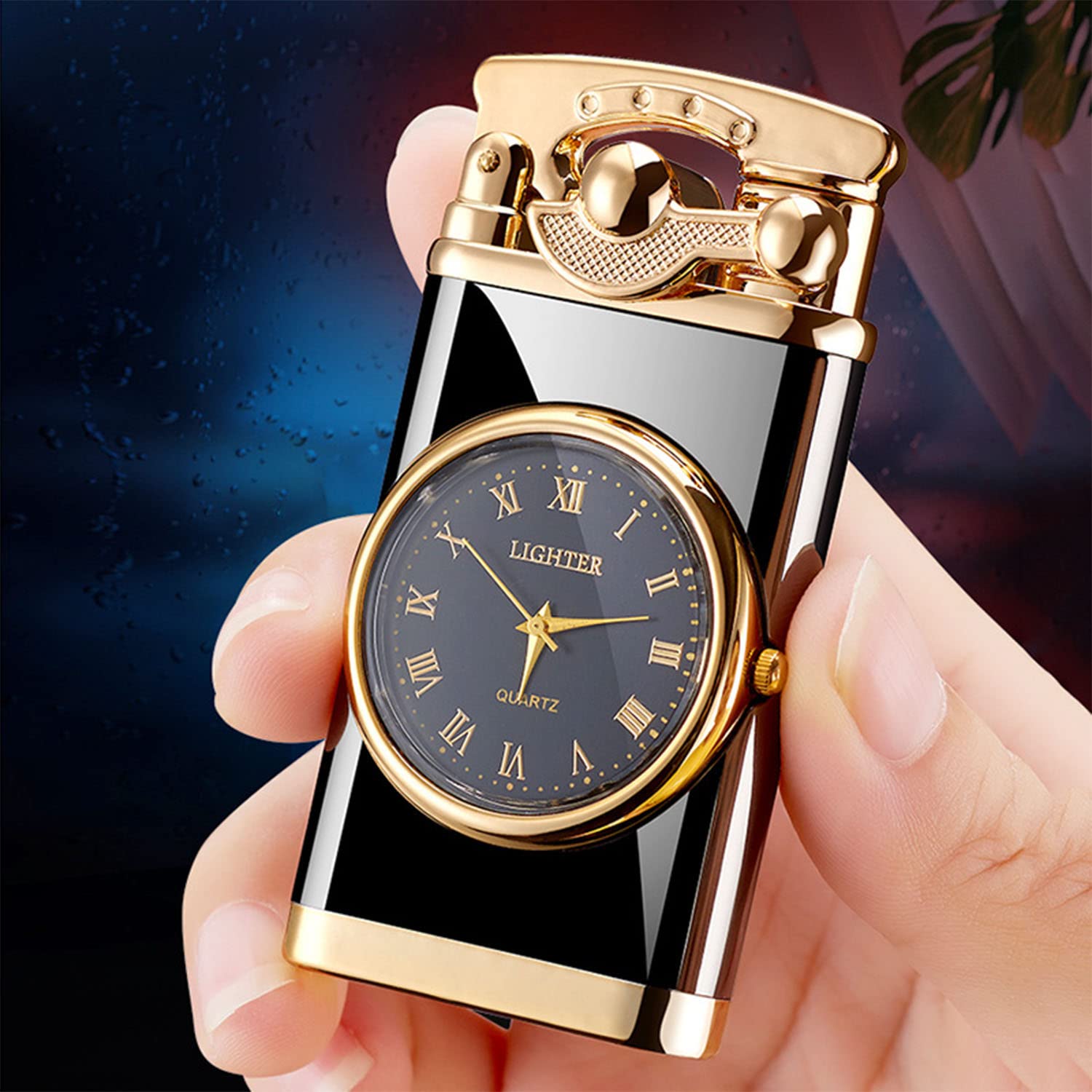 Reloj con Brazo Basculante Metal Reutilizable a Prueba de Viento Trinchera Encendedor Jet Butano Antorcha Más Ligero Cigarro Mechero Gadgets para Hombres Papá Marido,Black