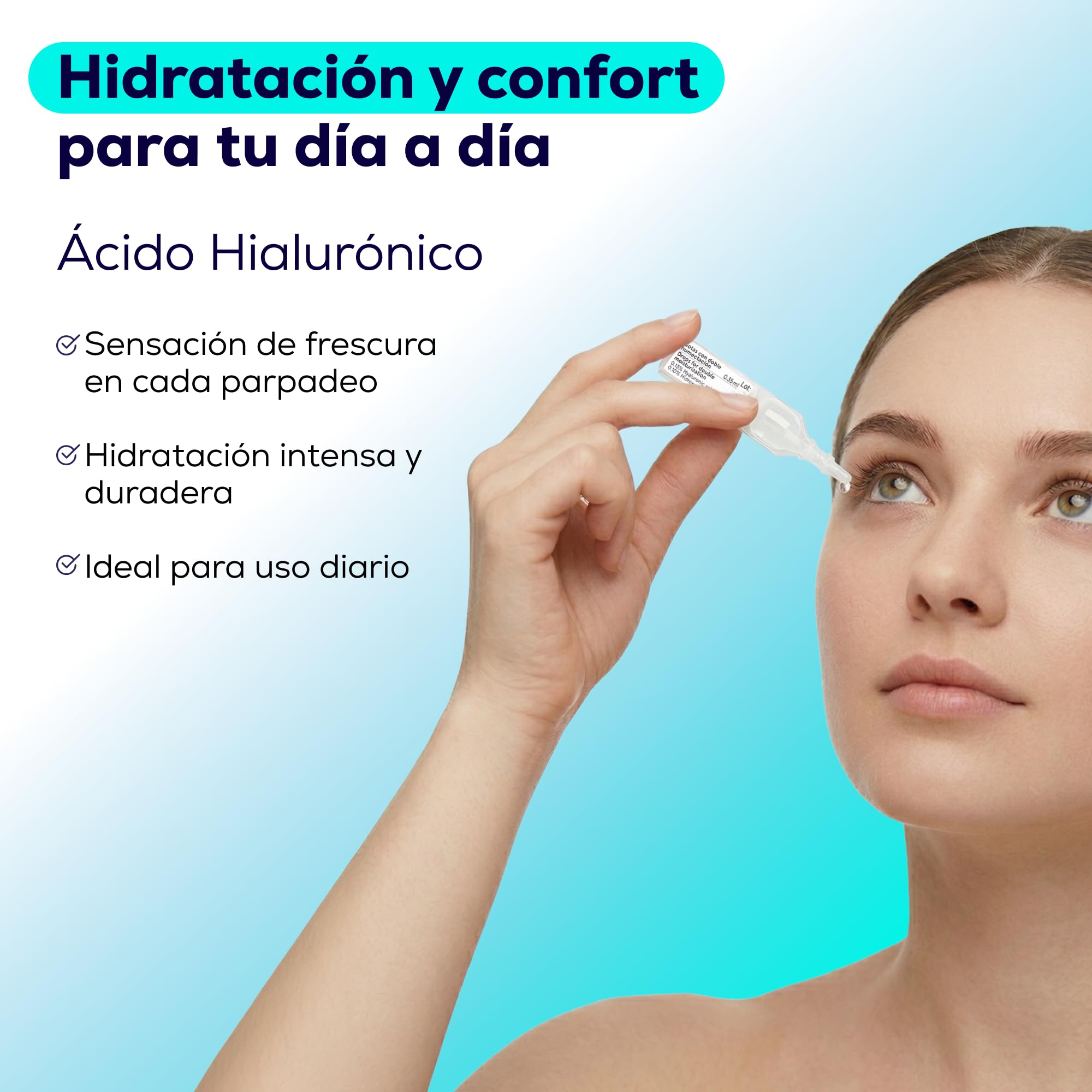 Gotas Ojos Secos Monodosis con Doble Humectación, Lágrimas Artificiales con Ácido Hialurónico e Hidroxietilcelulosa, Hidratantes, sin Conservantes, 20 Viales Monodosis de 0,35 ml