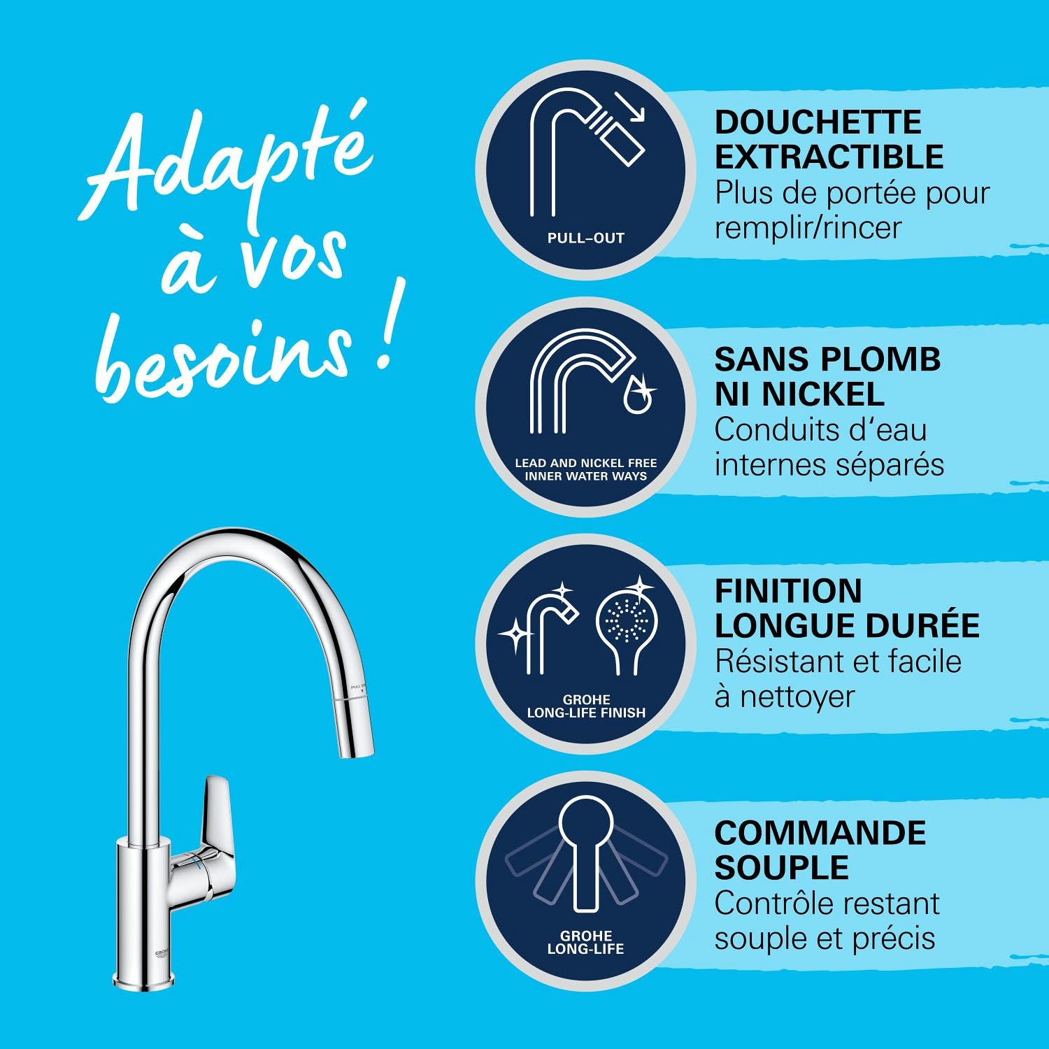 GROHE Start Edge Robinet de Cuisine, Mitigeur Monocommande Evier, Mousseur Extractible, Bec Haut, Zone de Rotation 360°, Chromé, 30550000