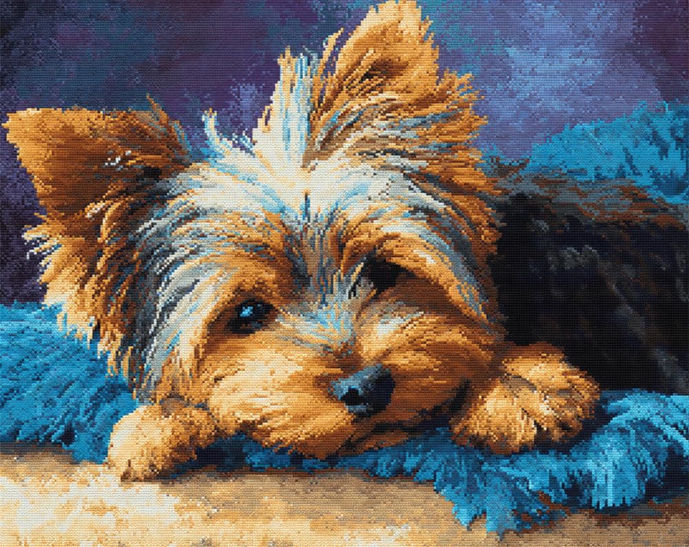 Axiangzik B N.lanshan 11Ct Dog Animal Diy Punch Needle Kit Cartoon Yorkshire Terrier Counted Cross Stitch Stamped Needlework Kit Fabric Embroidery Crafts Set For Home Decorate 30X40cm