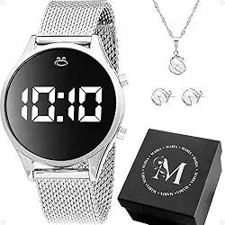 Kit Feminino Relógio Digital e Conjunto de Joias Prata – Modelo Maria Orizom em Aço Inoxidável com Colar e Brincos + Caixa Premium