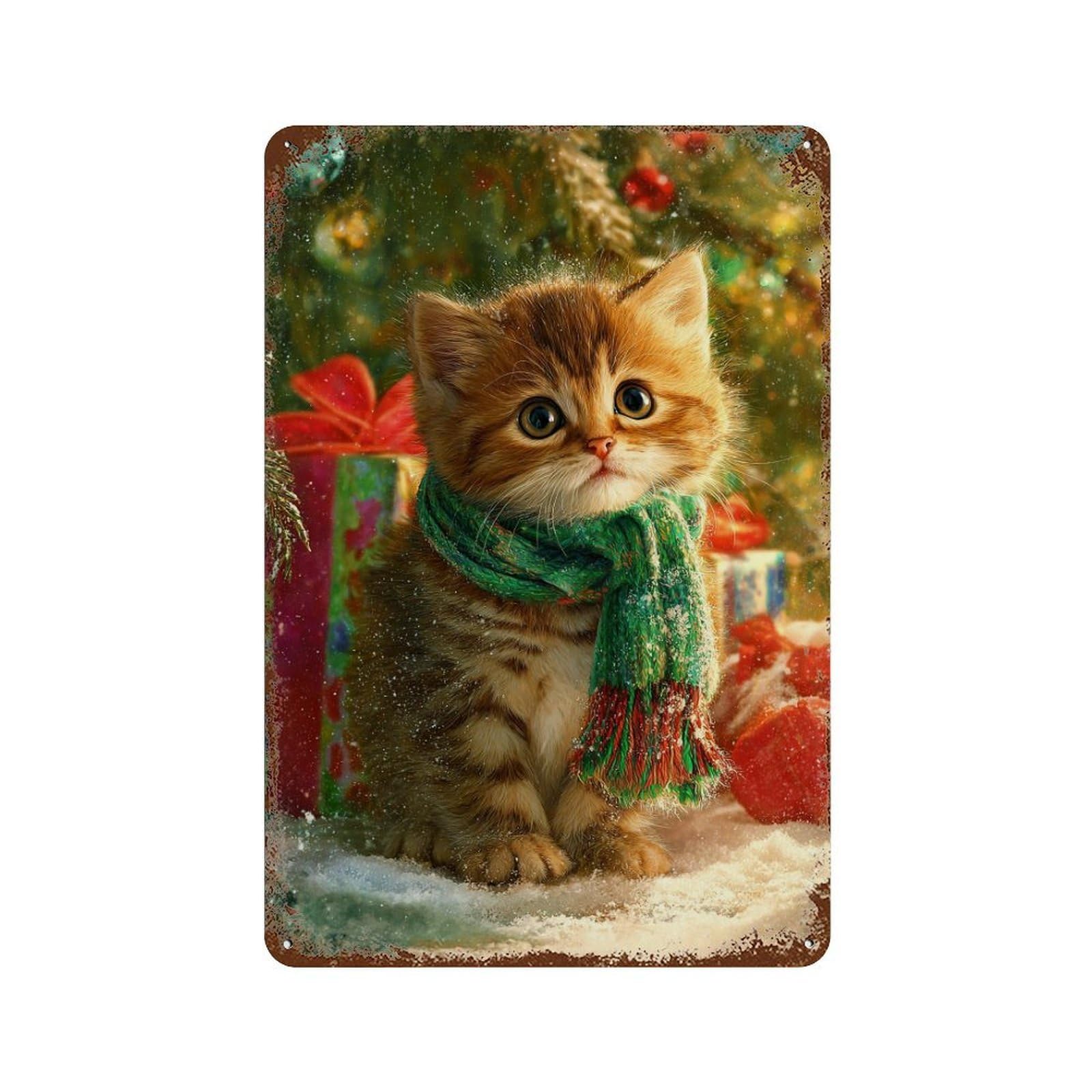 Rust Effect Christmas Kitten with Scarf Vintage Rust Metal Sign 11.8"x7.9", Old School Wall Decor for Cafe, Home Bar And Lounge Decor