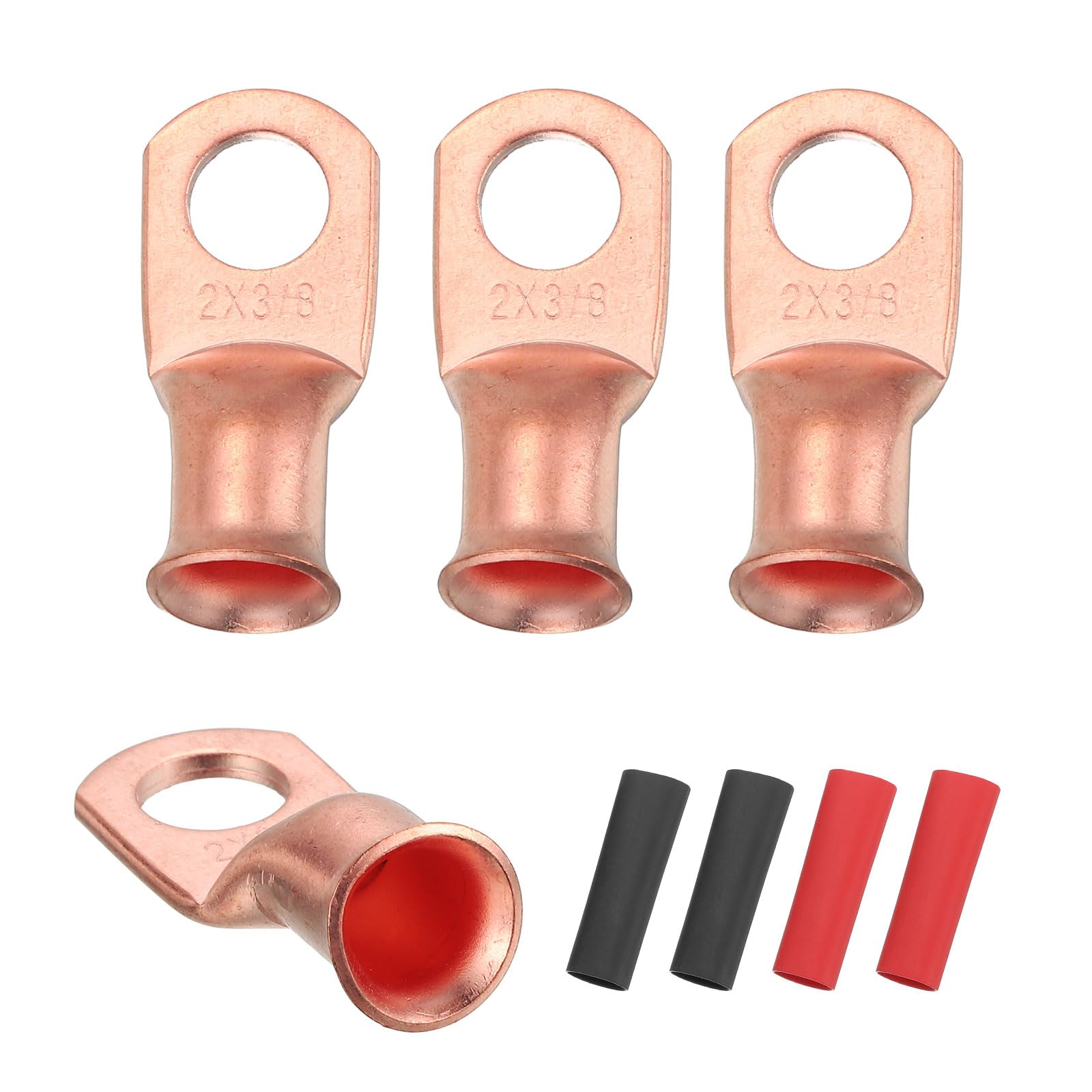 sourcing map 4pcs 2 AWG M10 Battery Lugs Ring Terminals, 3/8" 10mm Stud Crimp Wire Terminal Connector End Copper, 3:1 Heat Shrink Tubing, Gold
