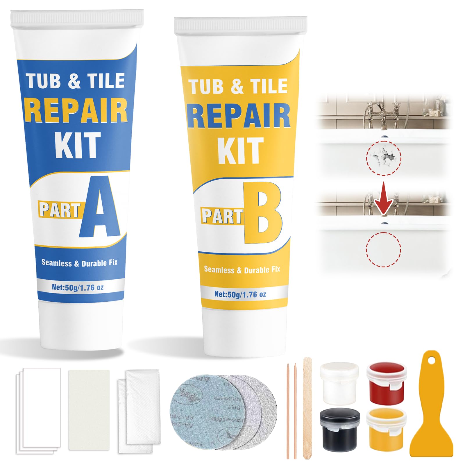 Eveellyn Tile Repair Kit, Bath Enamel Repair Kit, Waterproof Bath Repair Kit White for Scratches, Holes, Cracks, Chips, Ceramic Tile Repair Kit for Tub, Sink, Tiles, Shower Tray, Toilet