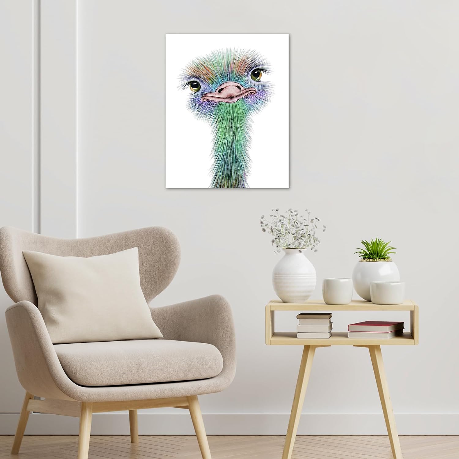 HVEST Ostrich Canvas Wall Art Watercolor Cute Animal Artwork Bird Paintings for Living Room Bedroom Bathroom Decor,Stretched and Framed Ready to Hang,12x16 inches