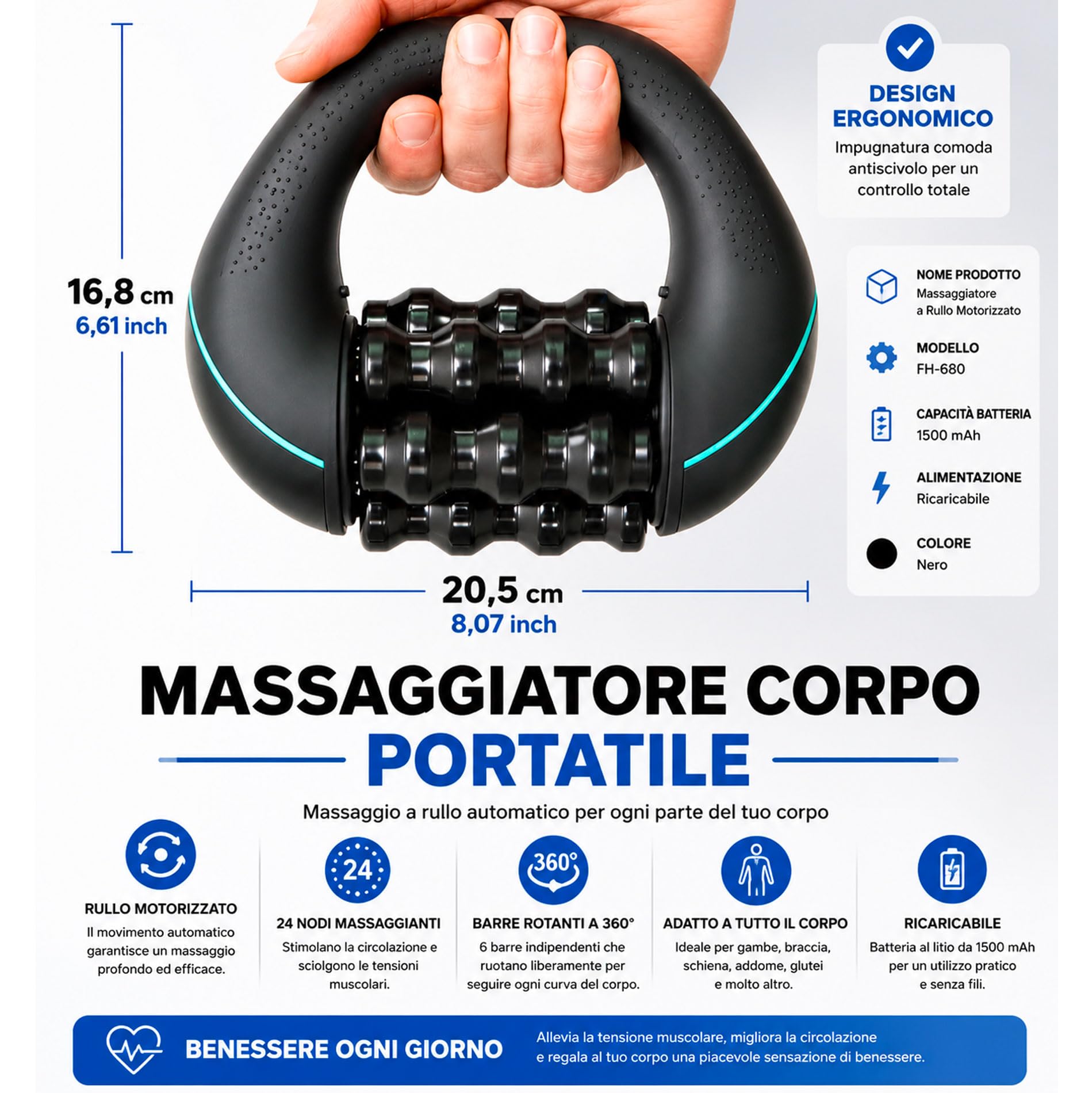 Massaggiatore Cellulite Elettrico Ricaricabile, Massaggiatore Corpo Anticellulite con 3 Velocità, 6 Rulli e 24 Nodi Massaggianti, Ideale per Cervicale, Schiena, Gambe e Muscoli