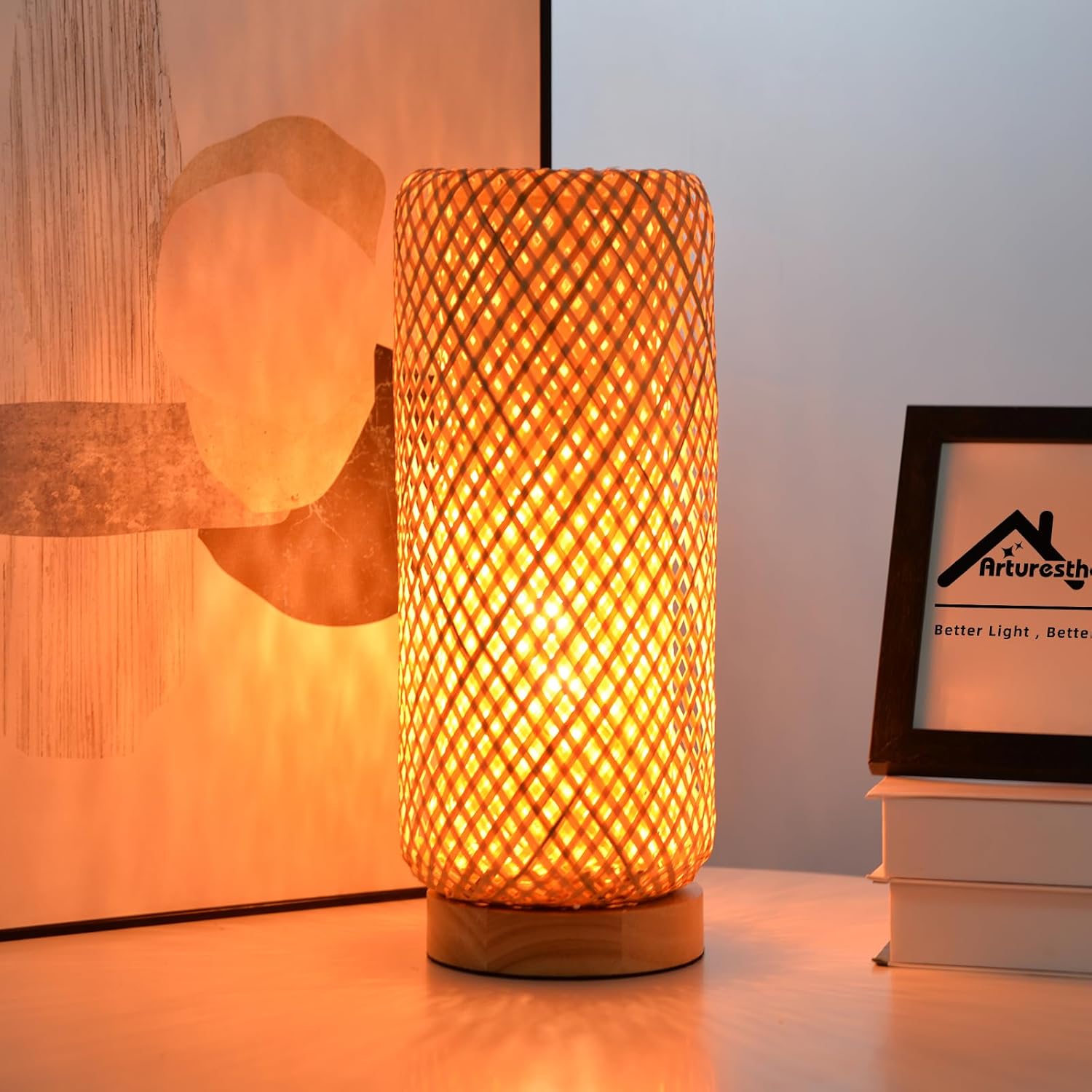 Arturesthome Bamboo Table Lamps with Shade, Rustic Farmhouse Boho Coastal Desk Lamp Night Light for Decorative Bedroom, Study Room, Cafe, Bookcase 6.28"x15.72"