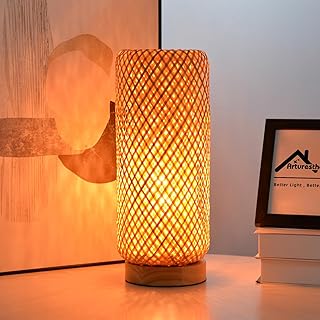 Arturesthome Bamboo Table Lamps with Shade, Rustic Farmhouse Boho Coastal Desk Lamp Night Light for Decorative Bedroom, Study Room, Cafe, Bookcase