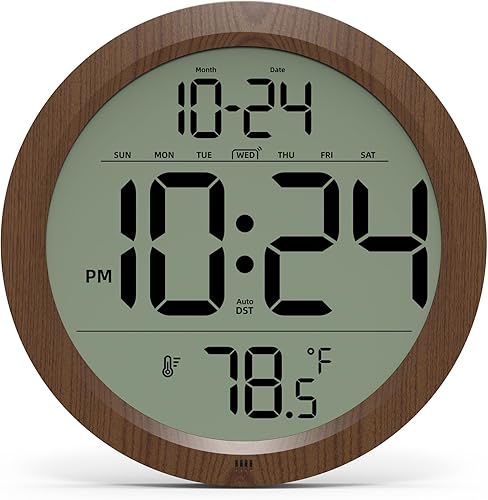 Reloj de pared digital con fecha, temperatura interior, DST automático, reloj digital a batería, reloj de pared pequeño de madera decorativo de 8