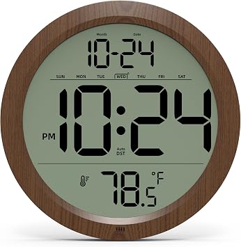 Digital Wall Clock Battery-Operated, 8 Inch Small Decorative Modern Wood Wall Clock with Date, Temperature, Auto-DST, Silent Electric Wall Clock for Bedroom, Living Room, Kitchen, Office, Farmhouse