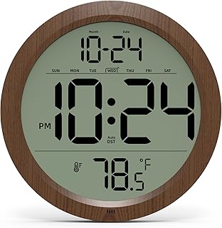 Digital Wall Clock with Date, Indoor Temperature, Auto-DST, Battery-Operated Digital Clock, 8 Inch Small Decorative Wood Wall Clock for Bedroom, Living Room, Kitchen, Office, Modern, Electric, Simple