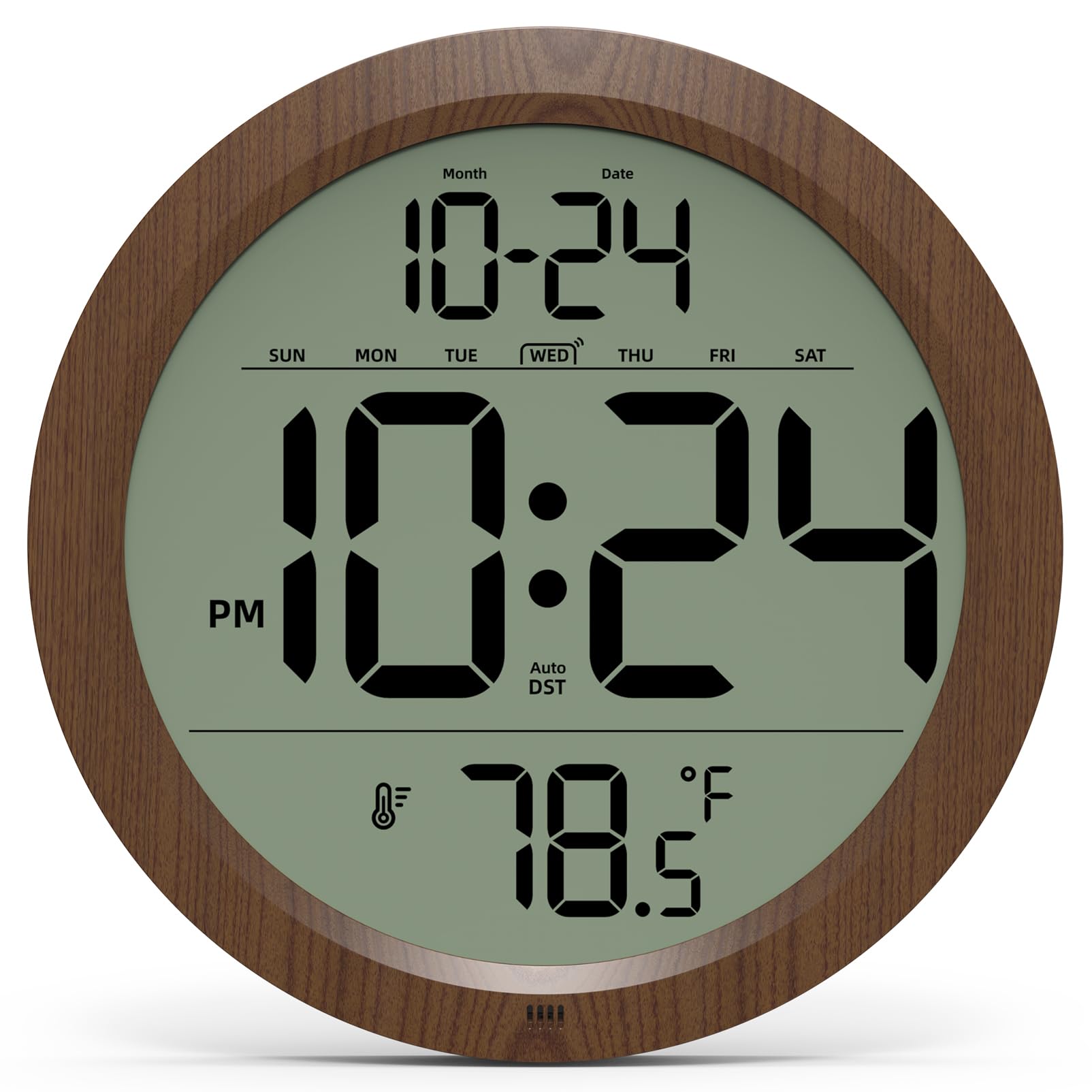 Digital Wall Clock with Date, Indoor Temperature, Auto-DST, Battery-Operated Digital Clock, 8 Inch Small Decorative Wood Wall Clock for Bedroom,