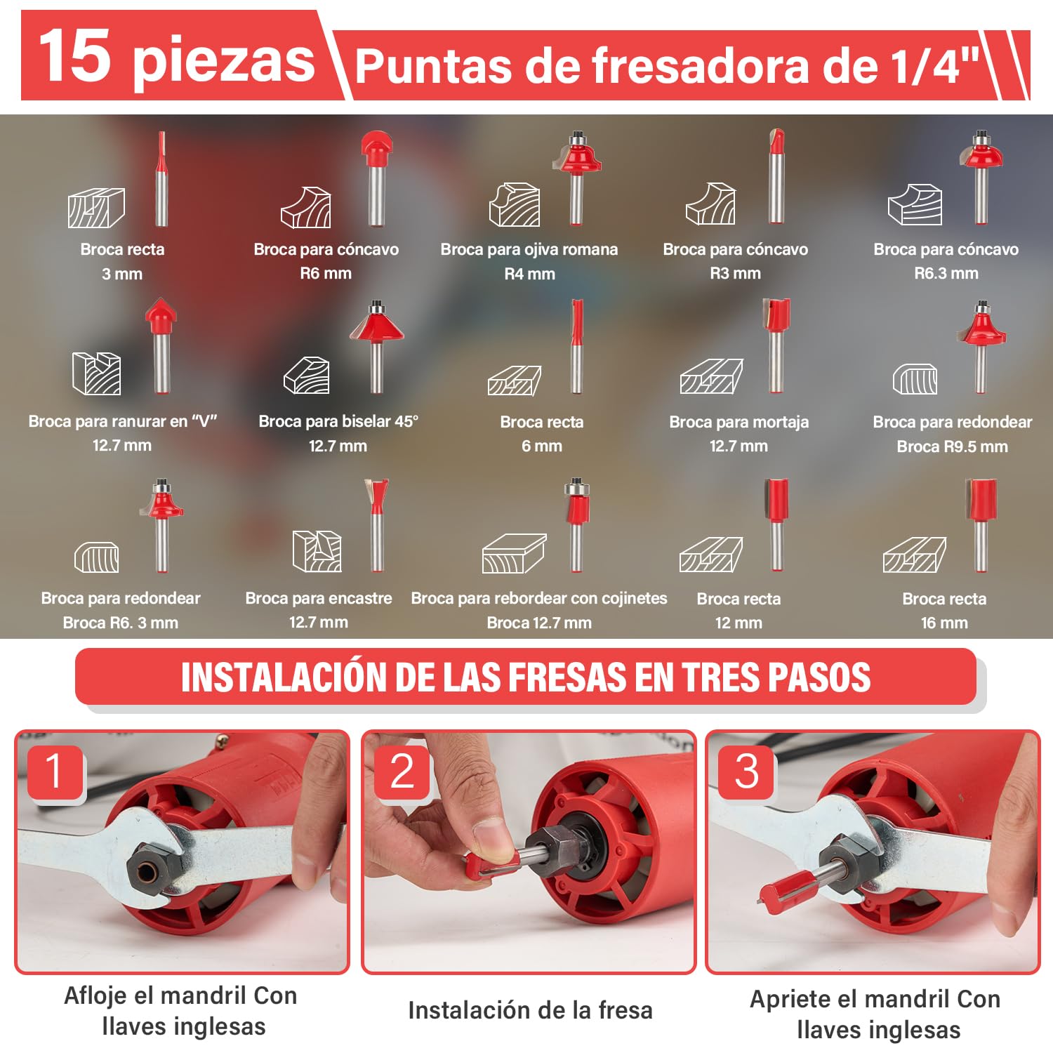 TEENO Fresadora De Madera Rebajadora Eléctrica 800W 31000 RPM CON EXTRACTOR DE POLVO, Fresadora EléCtrica Para Madera Con 15 piezas 1/4'' Alicates, Brocas de base fija de 6/6.35 mm
