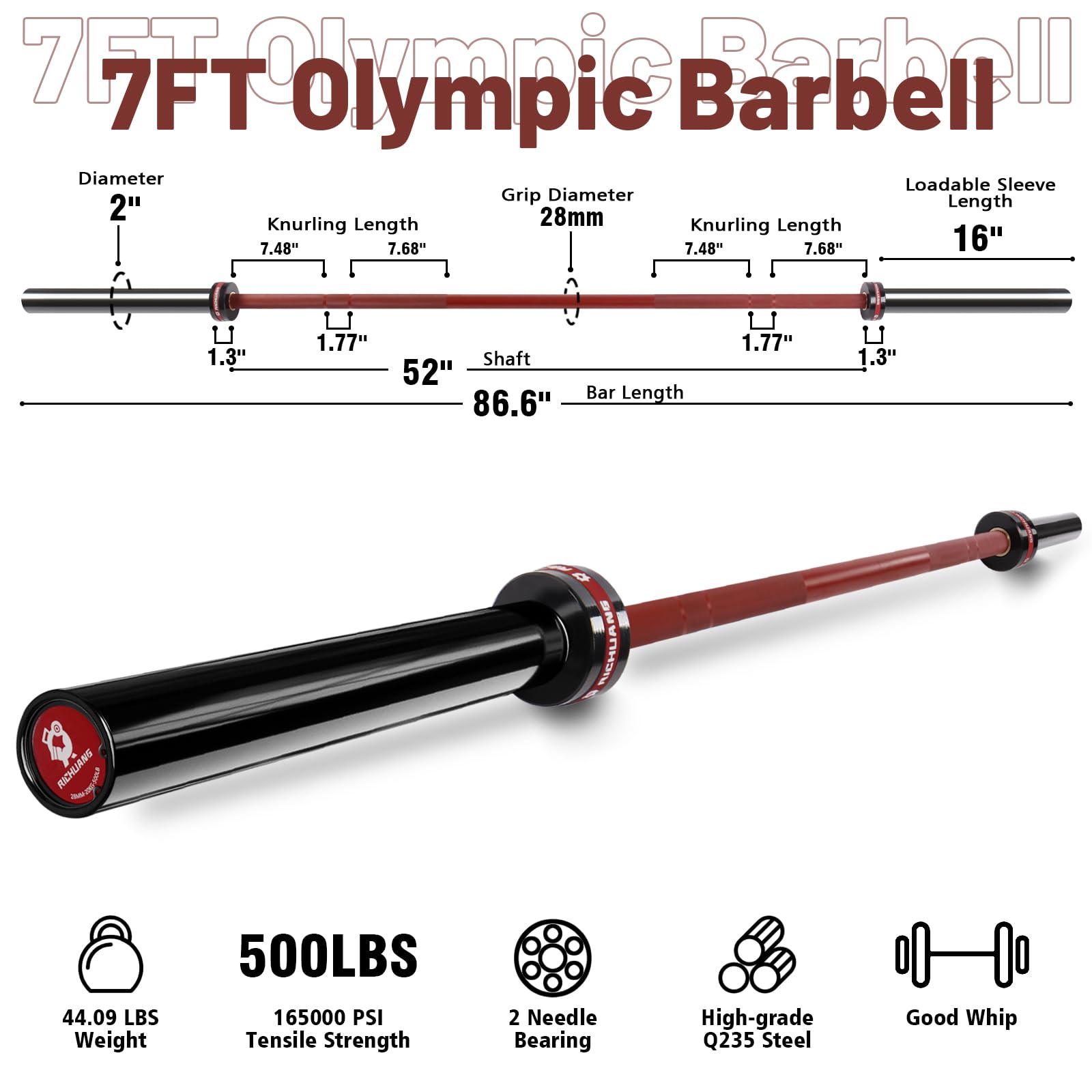 RICHUANG Olympic Barbell 45lb (20kg) - 7ft Bearing Spin Bar for Weightlifting and Strength Training,Iron Red/Sky Blue Ceramic Coating,500 LBS Capacity,28mm High Whip,Fits 2