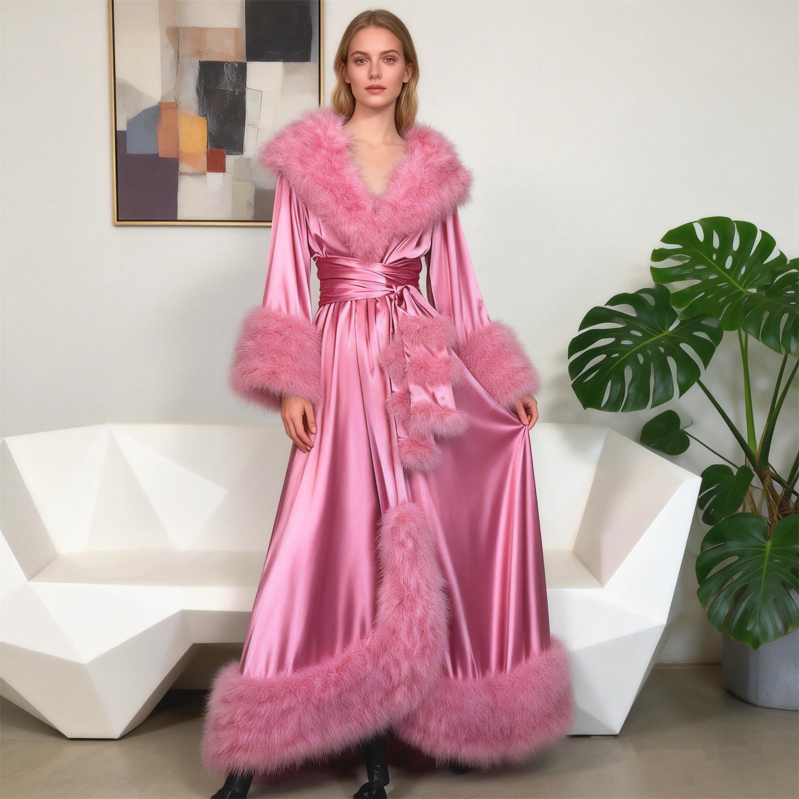 Albornoz de satén para mujer, con ribete de piel, pijama de dama de honor, ropa de dormir suave y sedosa, bata de longitud completa para boda