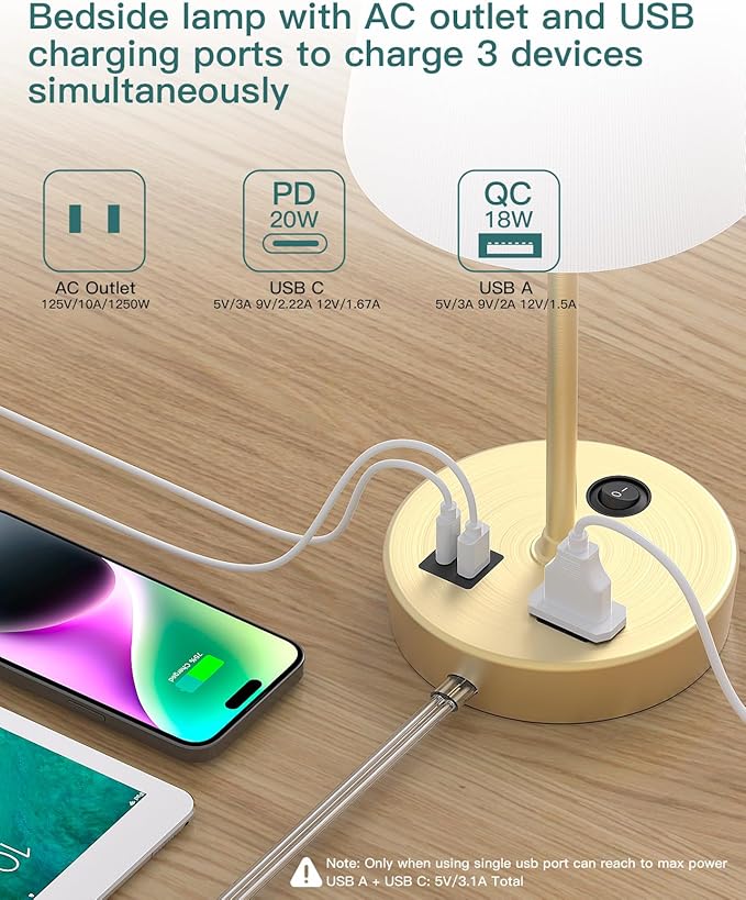 Addtam Addtam Bedside Table Lamp for Bedroom, 3-Way Dimmable Lamp with AC Outlet and USB C Charging Ports(PD 20W), Lamps with Shade for Night Stands, Living Room, Desk, and Home Office photo 3