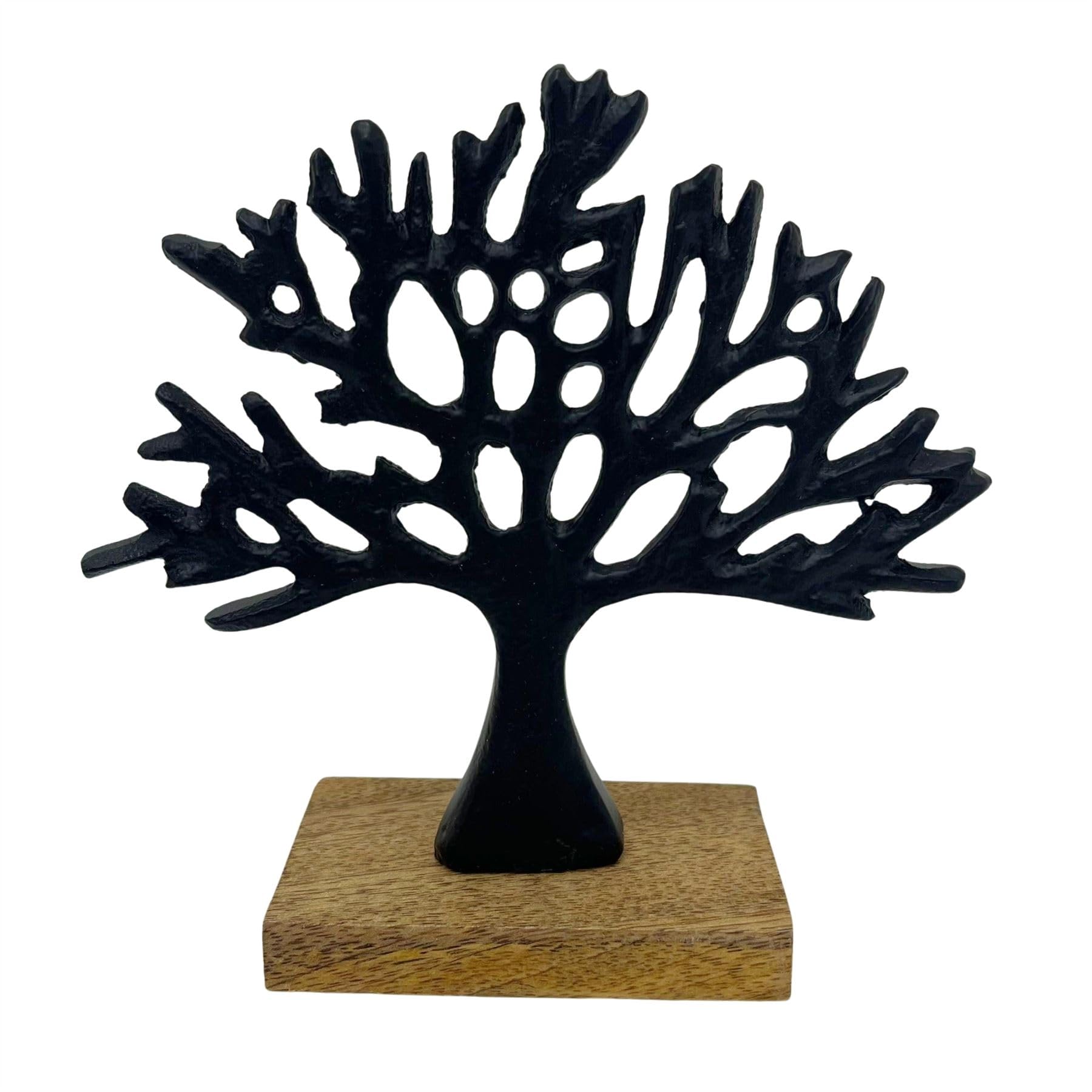 Black Tree of Life Ornament, 17cm Metal Sculpture on Wooden Base, Family Tree Home Decoration